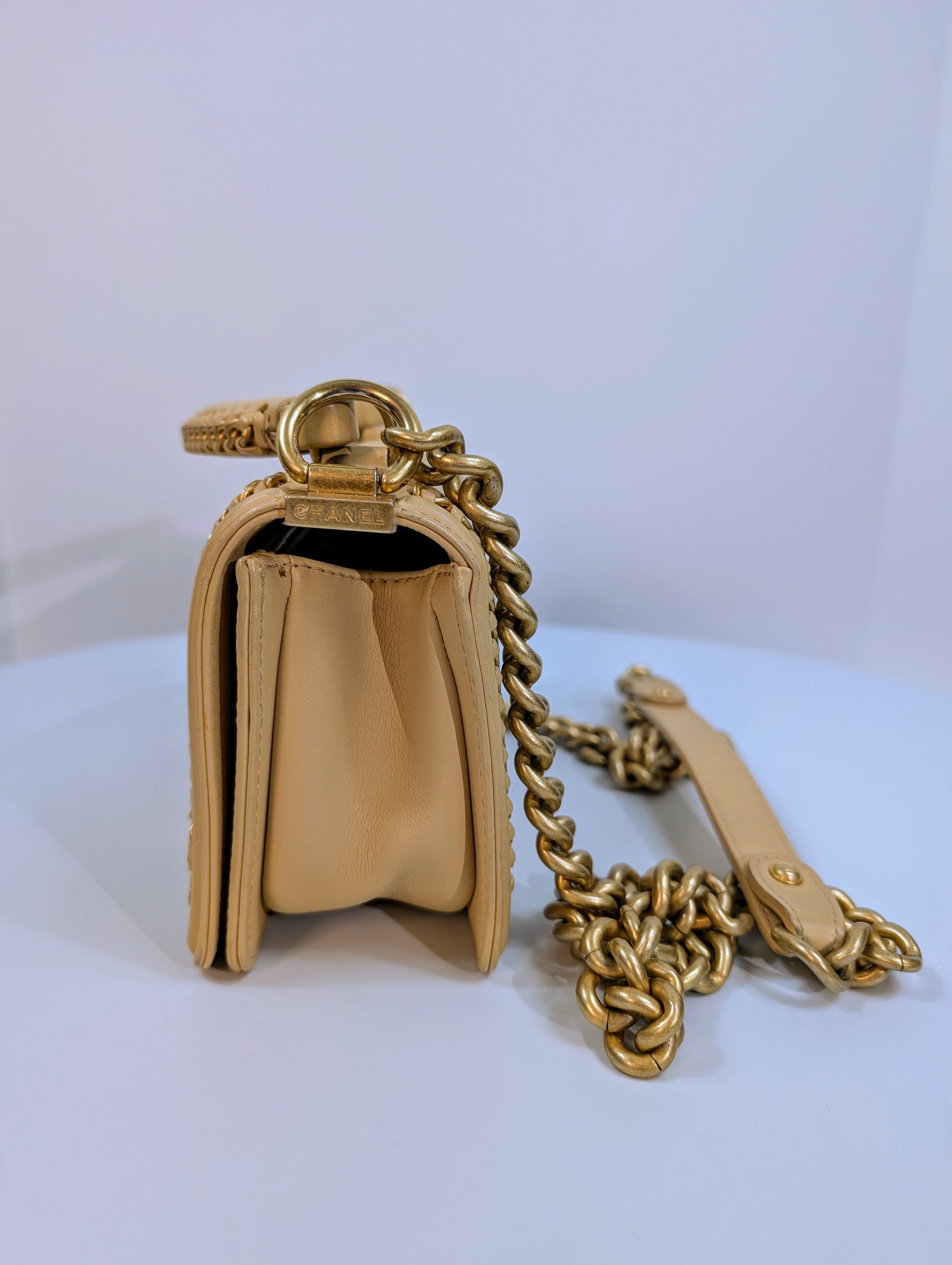 Chanel Beige Small Boy Top Handle Bag with Gold Hardware