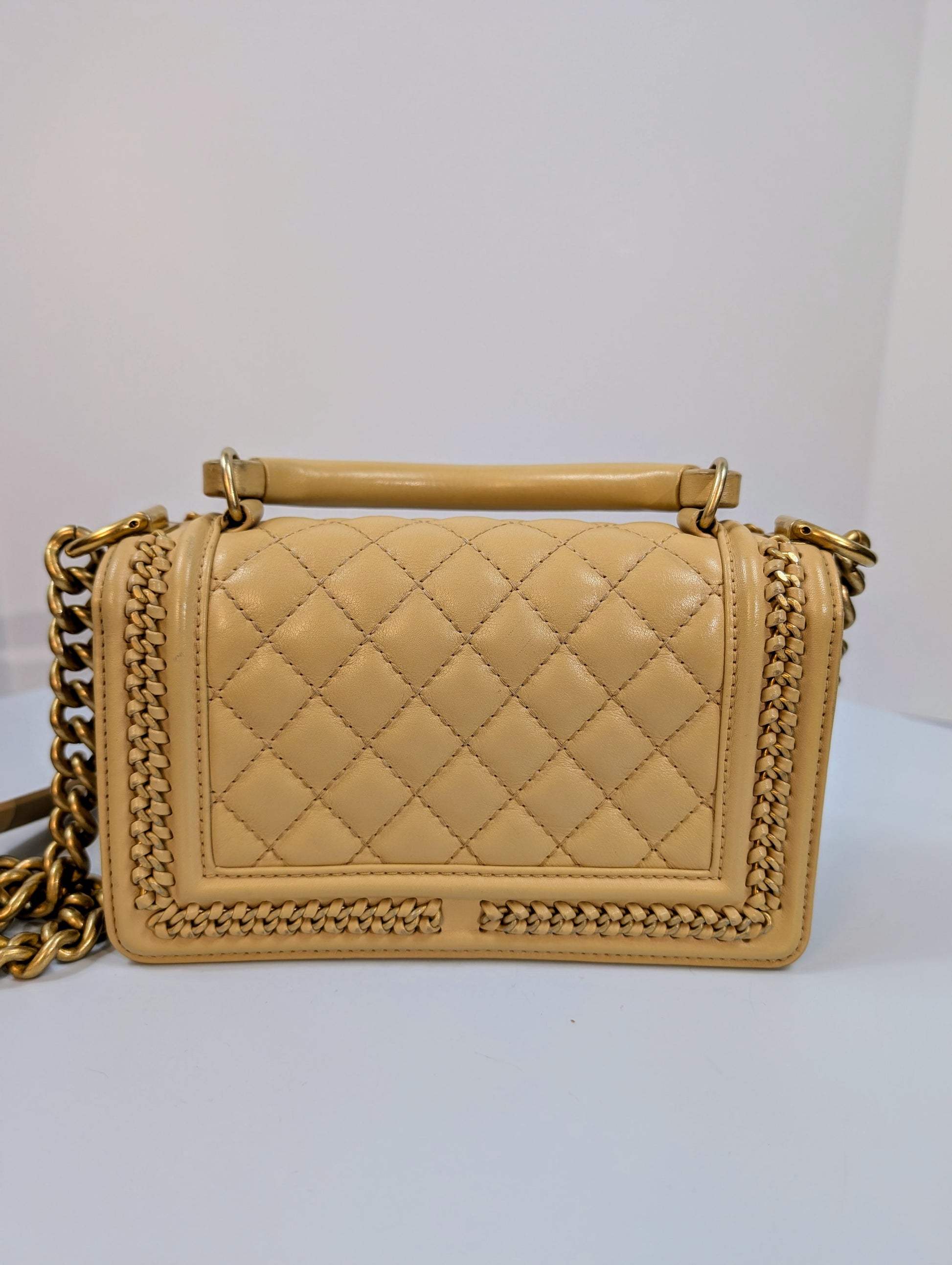 Chanel Beige Small Boy Top Handle Bag with Gold Hardware