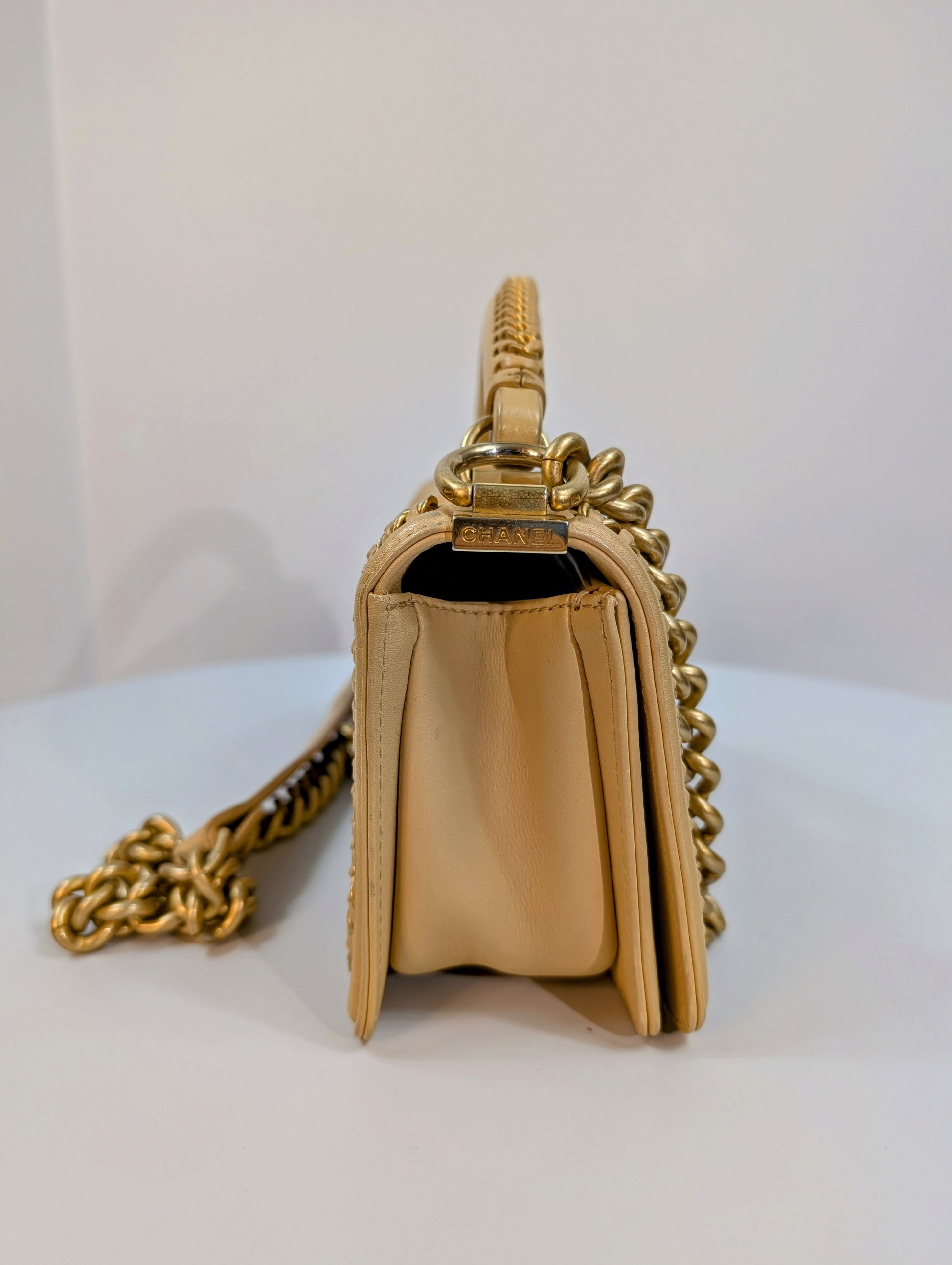 Chanel Beige Small Boy Top Handle Bag with Gold Hardware