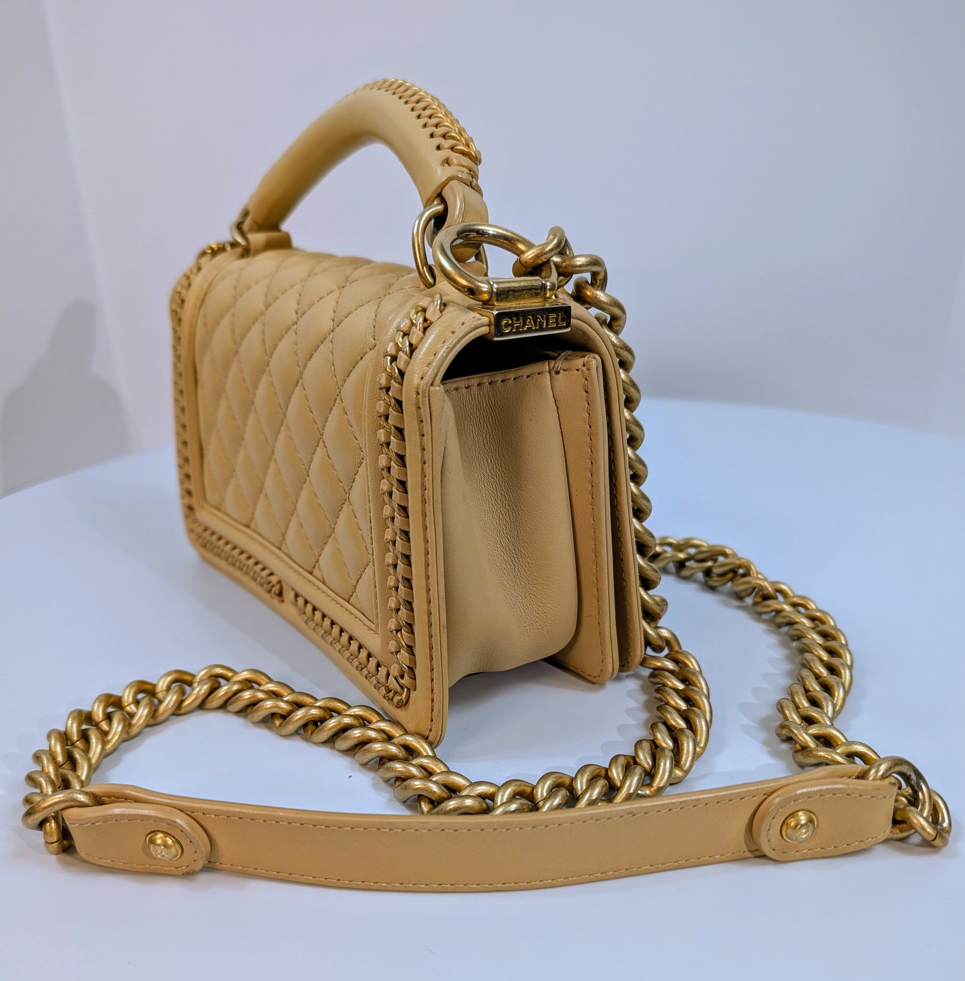 Chanel Beige Small Boy Top Handle Bag with Gold Hardware