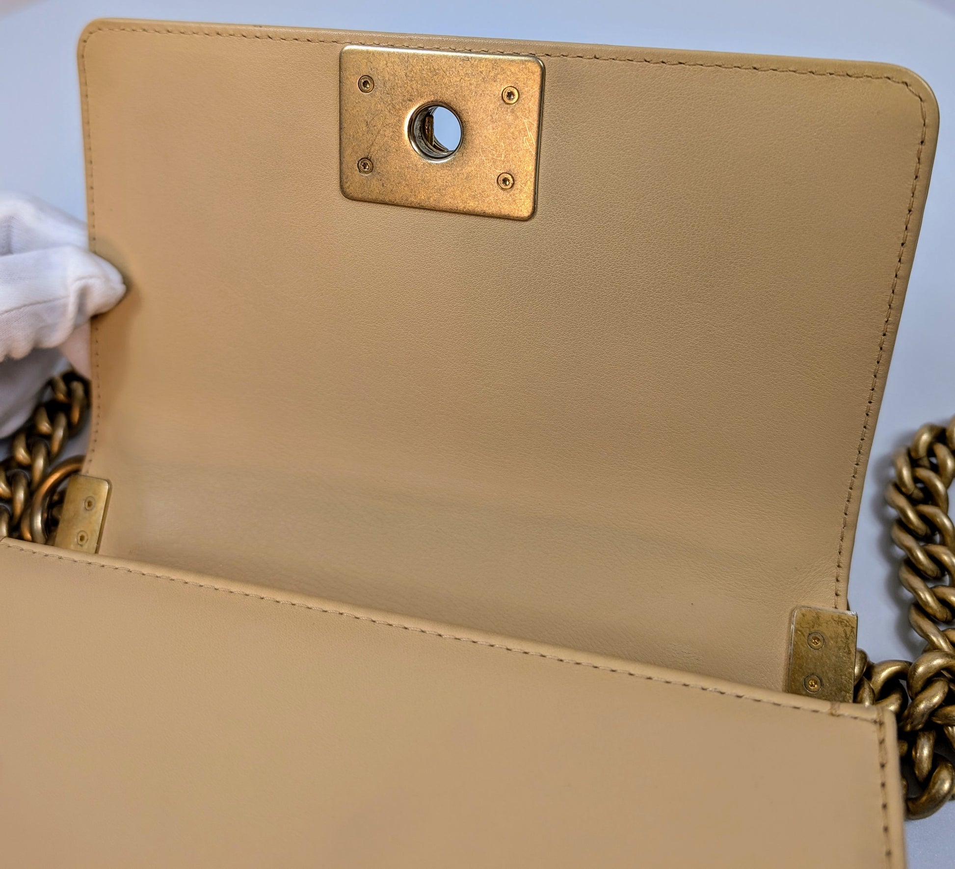 Chanel Beige Small Boy Top Handle Bag with Gold Hardware