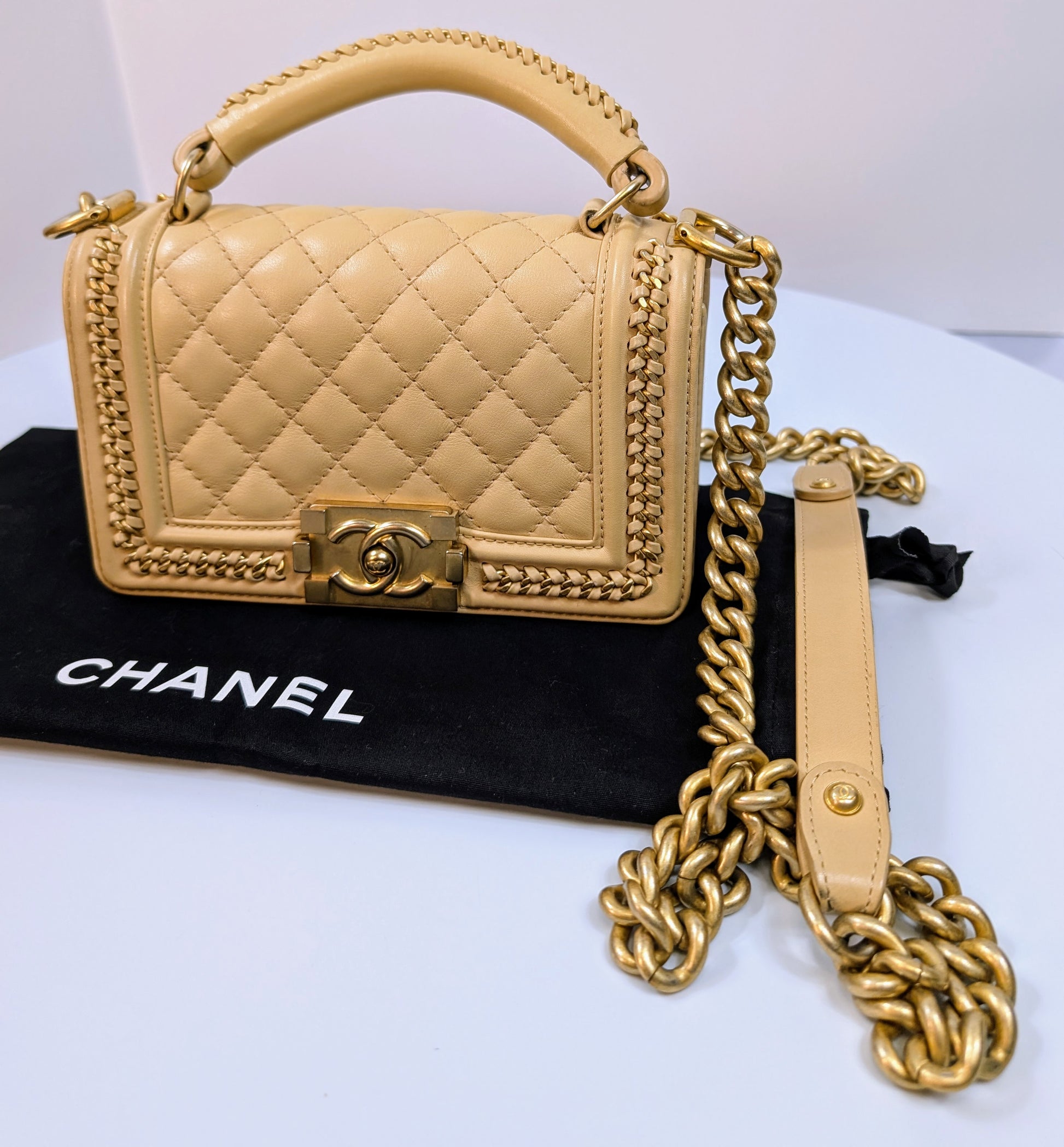 Chanel Beige Small Boy Top Handle Bag with Gold Hardware