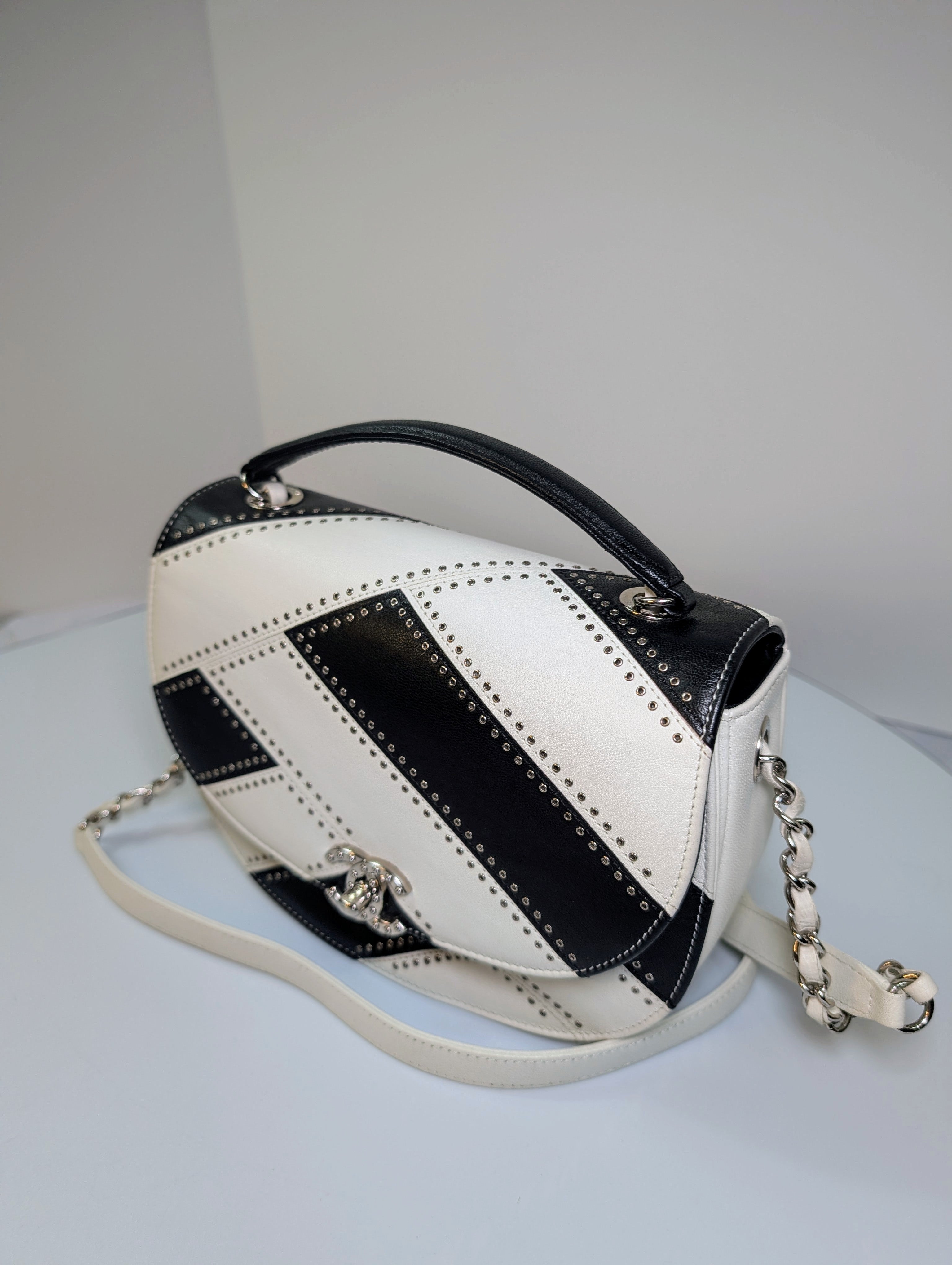 Chanel White and Black Patchwork Round Bottom Tophandle Flap Bag