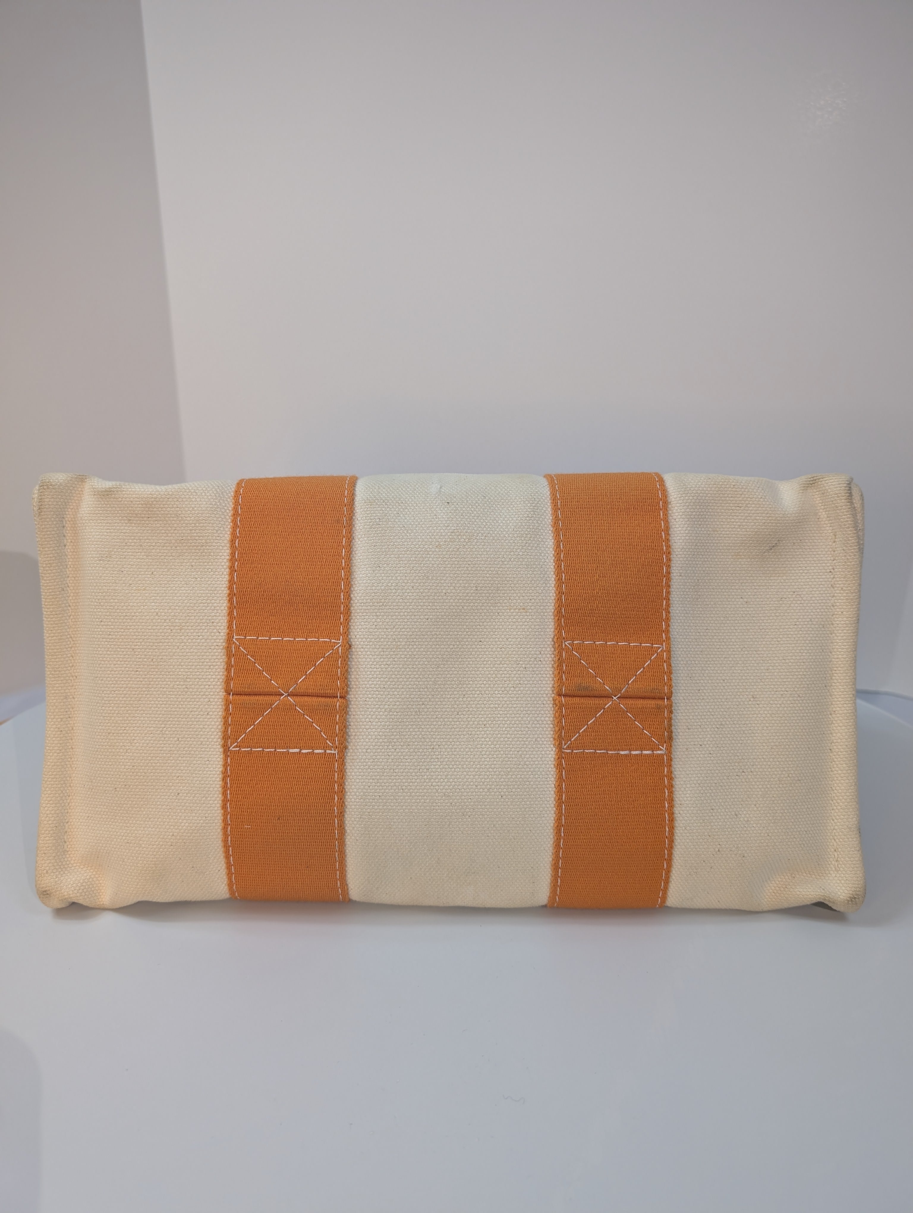 Hermes Beige Canvas with Orange Fabric Straps Garden Party Tote Bag