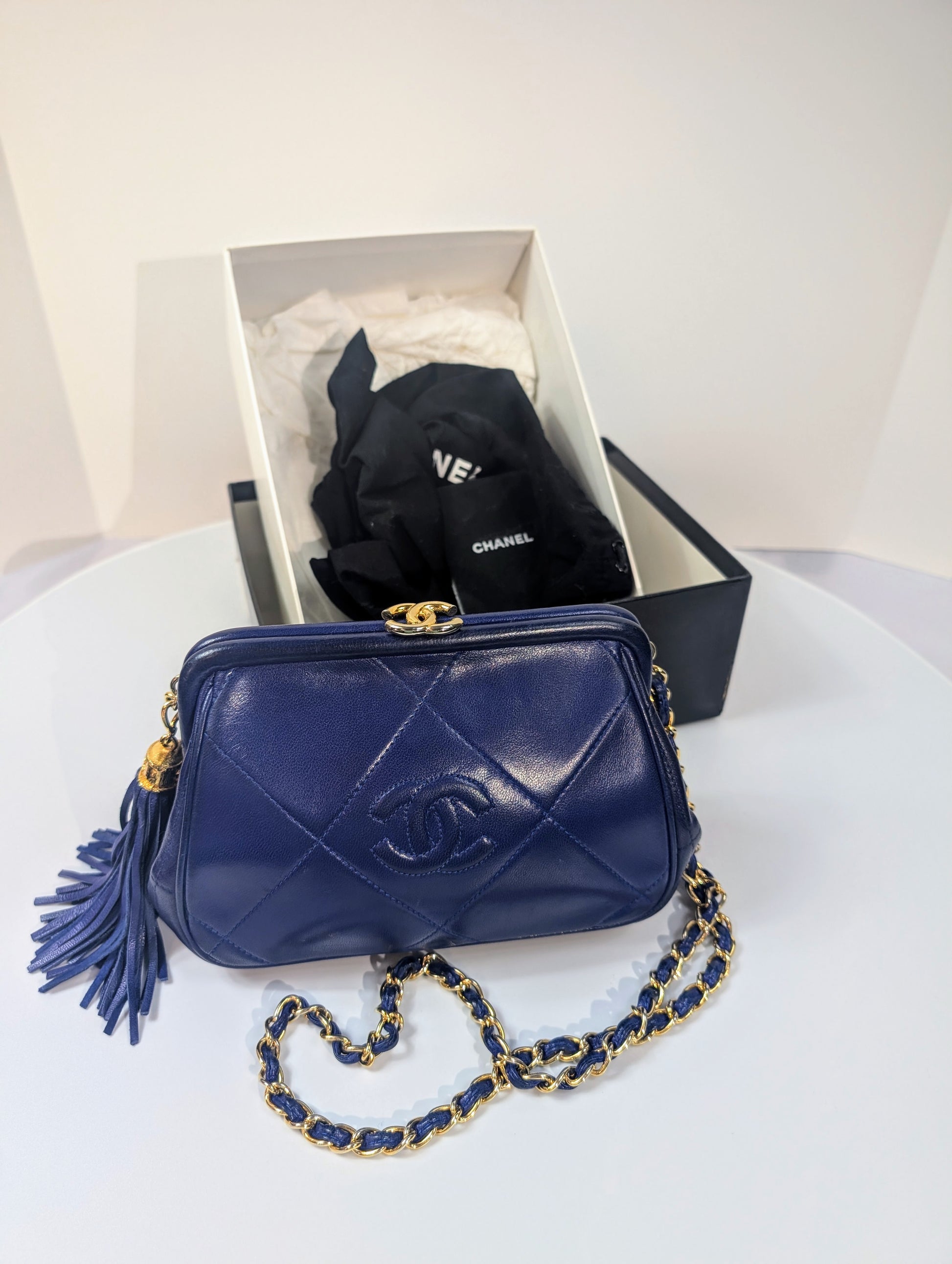 Chanel Vintage Blue Quilted Lambskin Kisslock Tassel Clutch