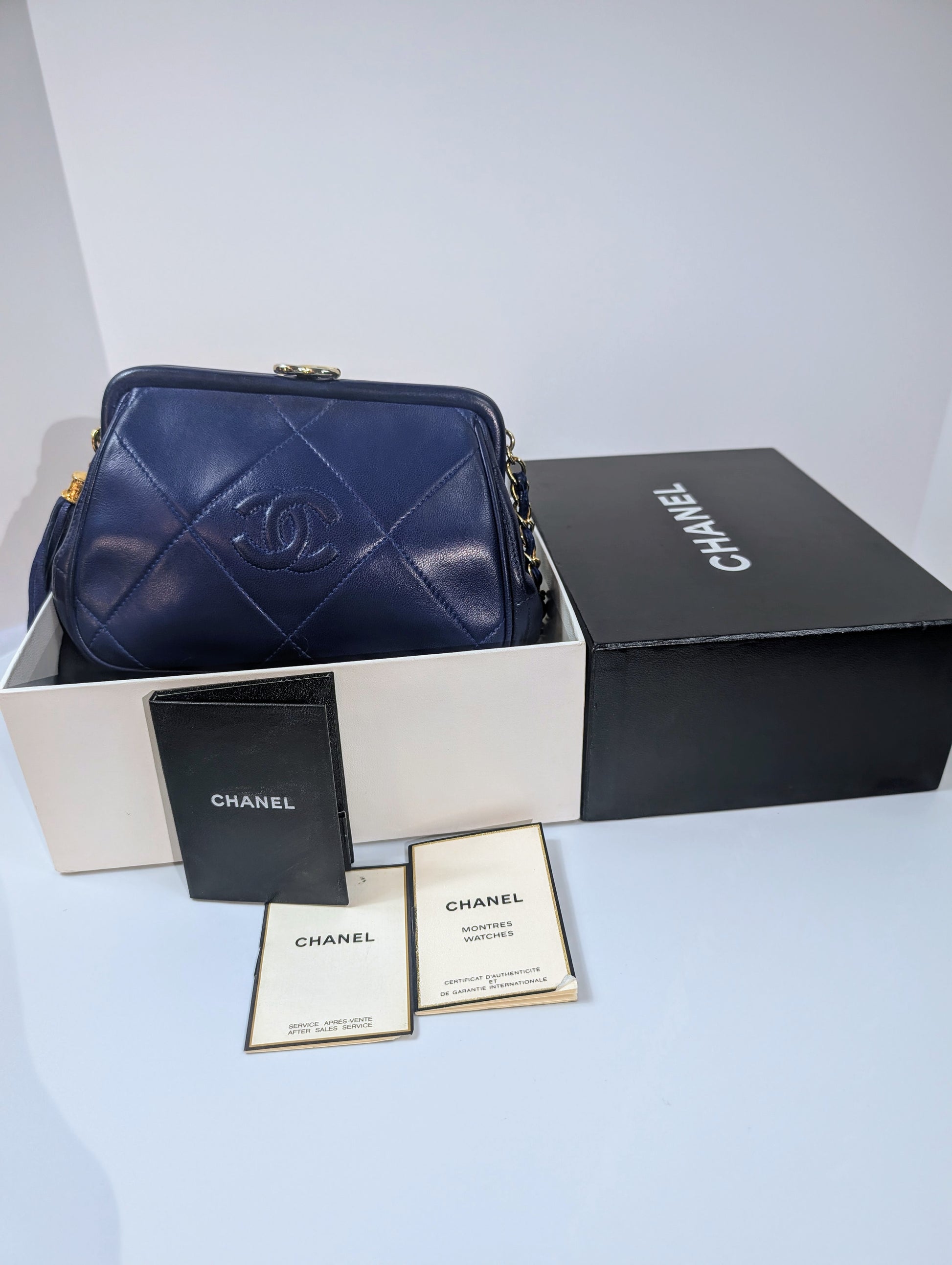 Chanel Vintage Blue Quilted Lambskin Kisslock Tassel Clutch