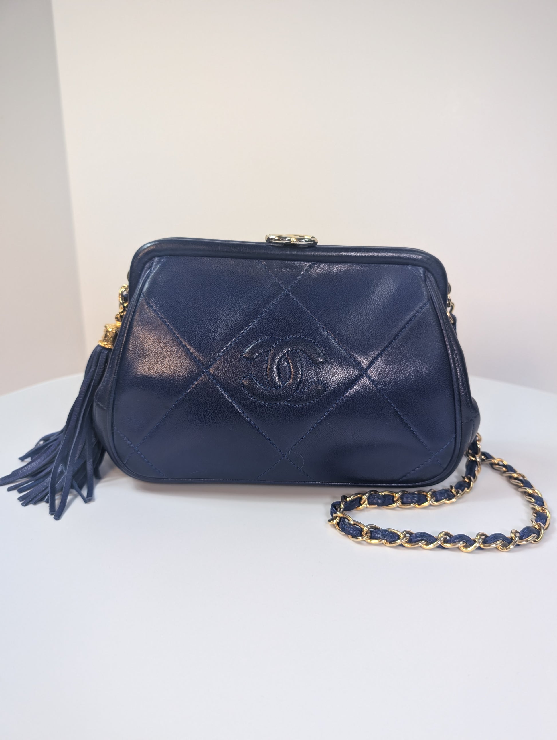 Chanel Vintage Blue Quilted Lambskin Kisslock Tassel Clutch