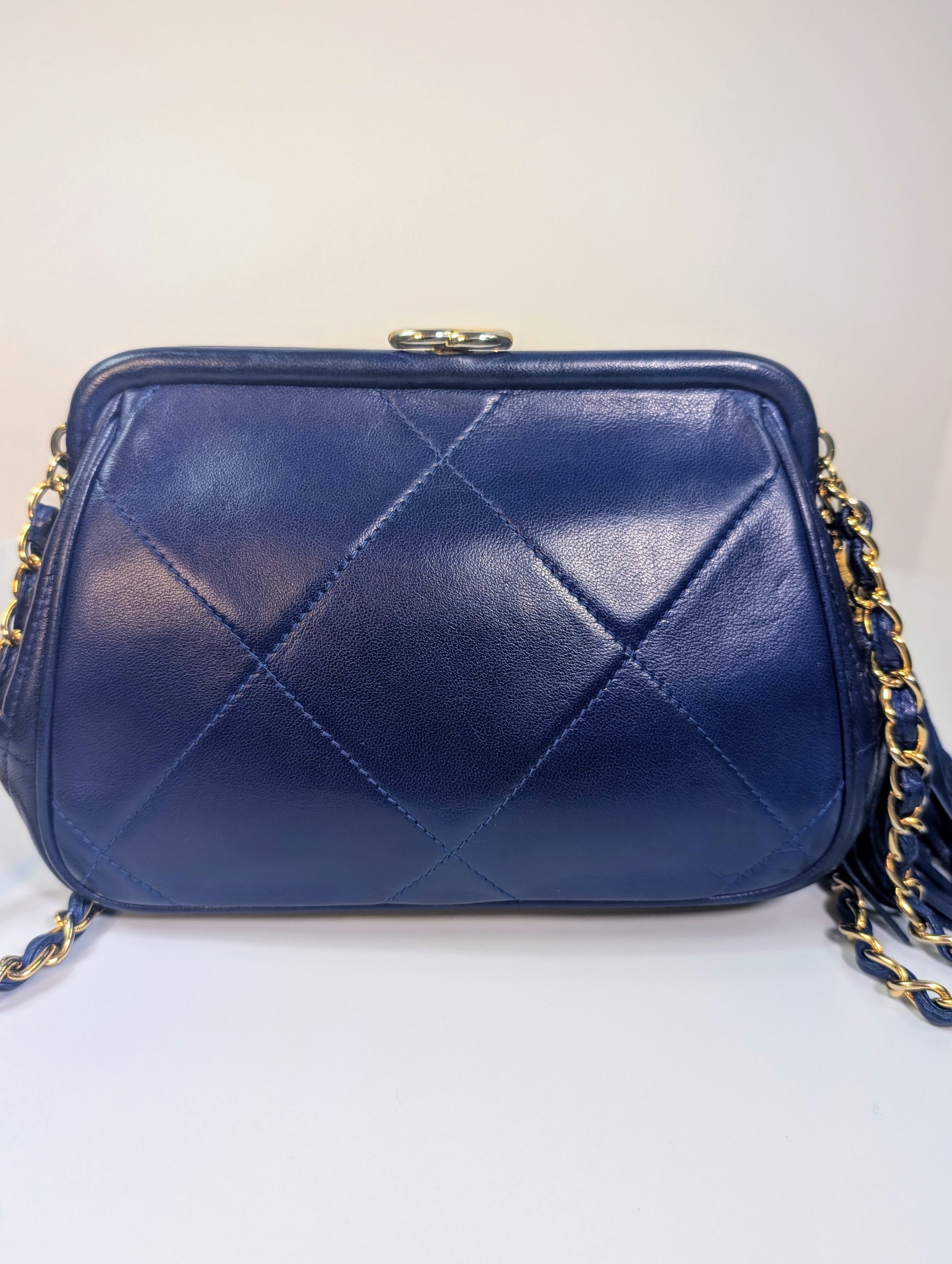 Chanel Vintage Blue Quilted Lambskin Kisslock Tassel Clutch