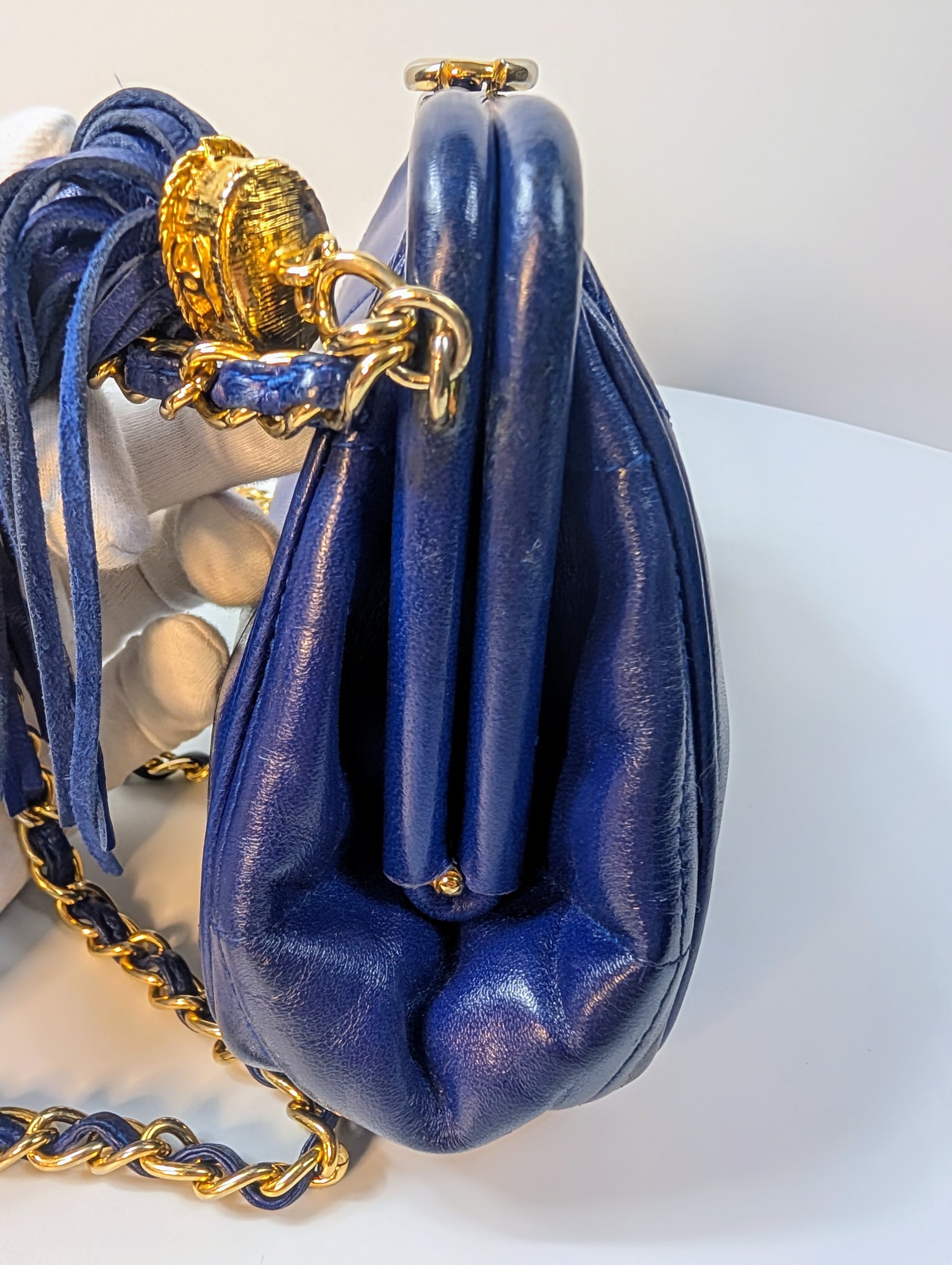 Chanel Vintage Blue Quilted Lambskin Kisslock Tassel Clutch