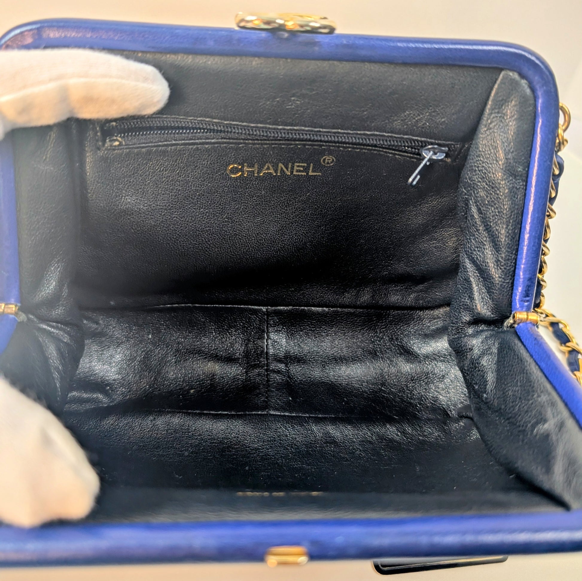 Chanel Vintage Blue Quilted Lambskin Kisslock Tassel Clutch