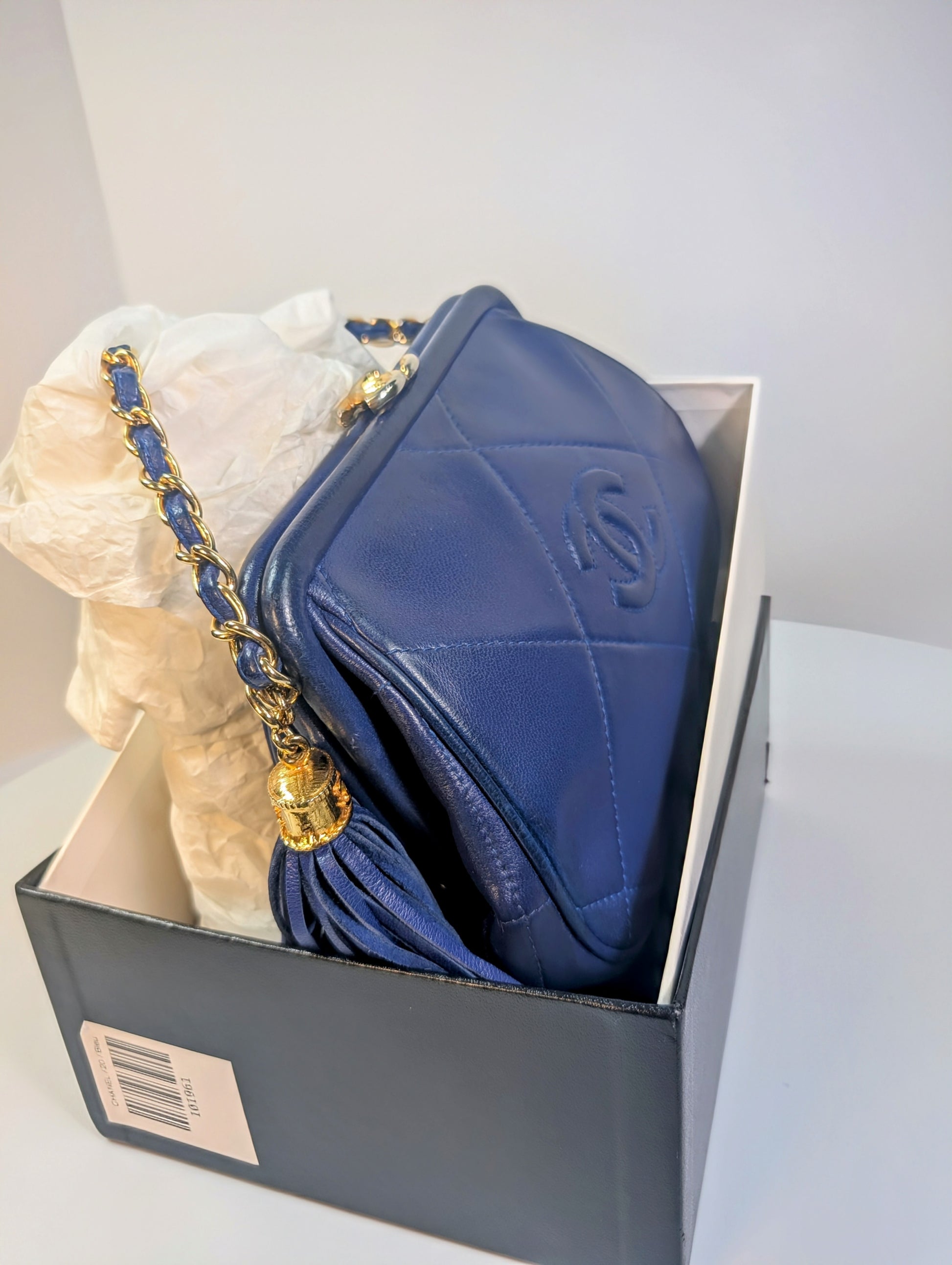 Chanel Vintage Blue Quilted Lambskin Kisslock Tassel Clutch