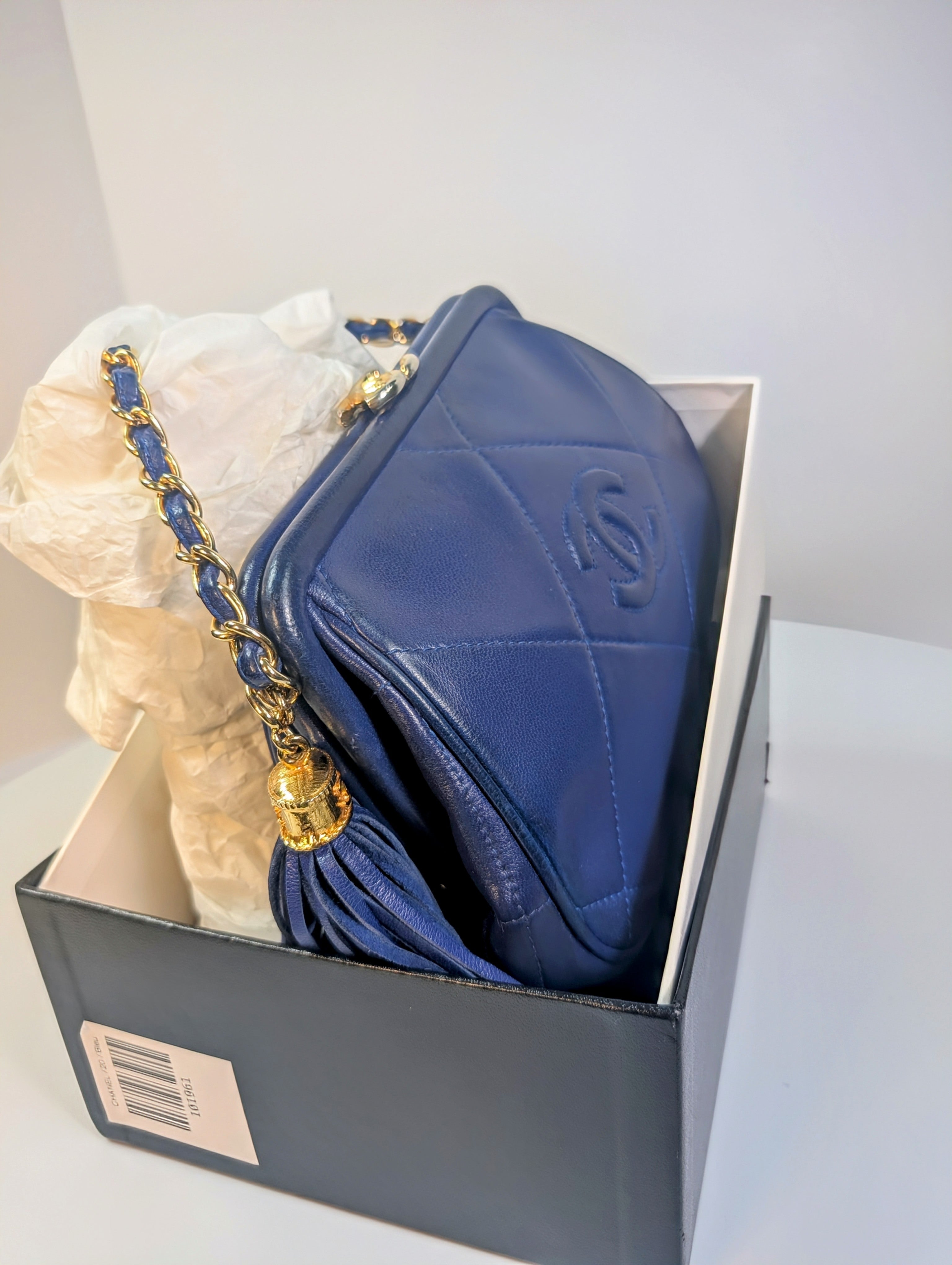 Chanel Vintage Blue Quilted Lambskin Kisslock Tassel Clutch