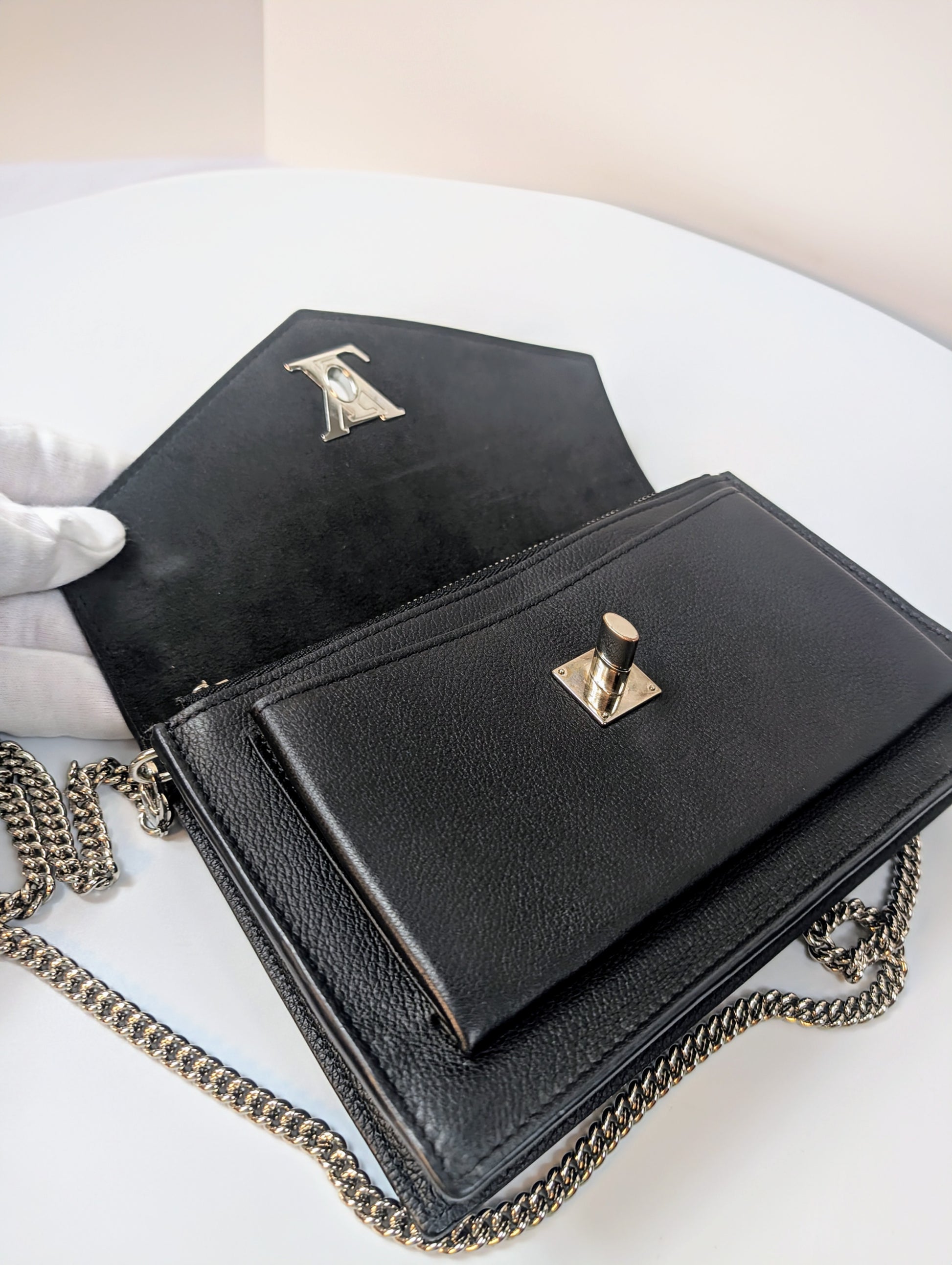 Louis Vuitton Black Grained Leather Twist Wallet on Chain (WOC)