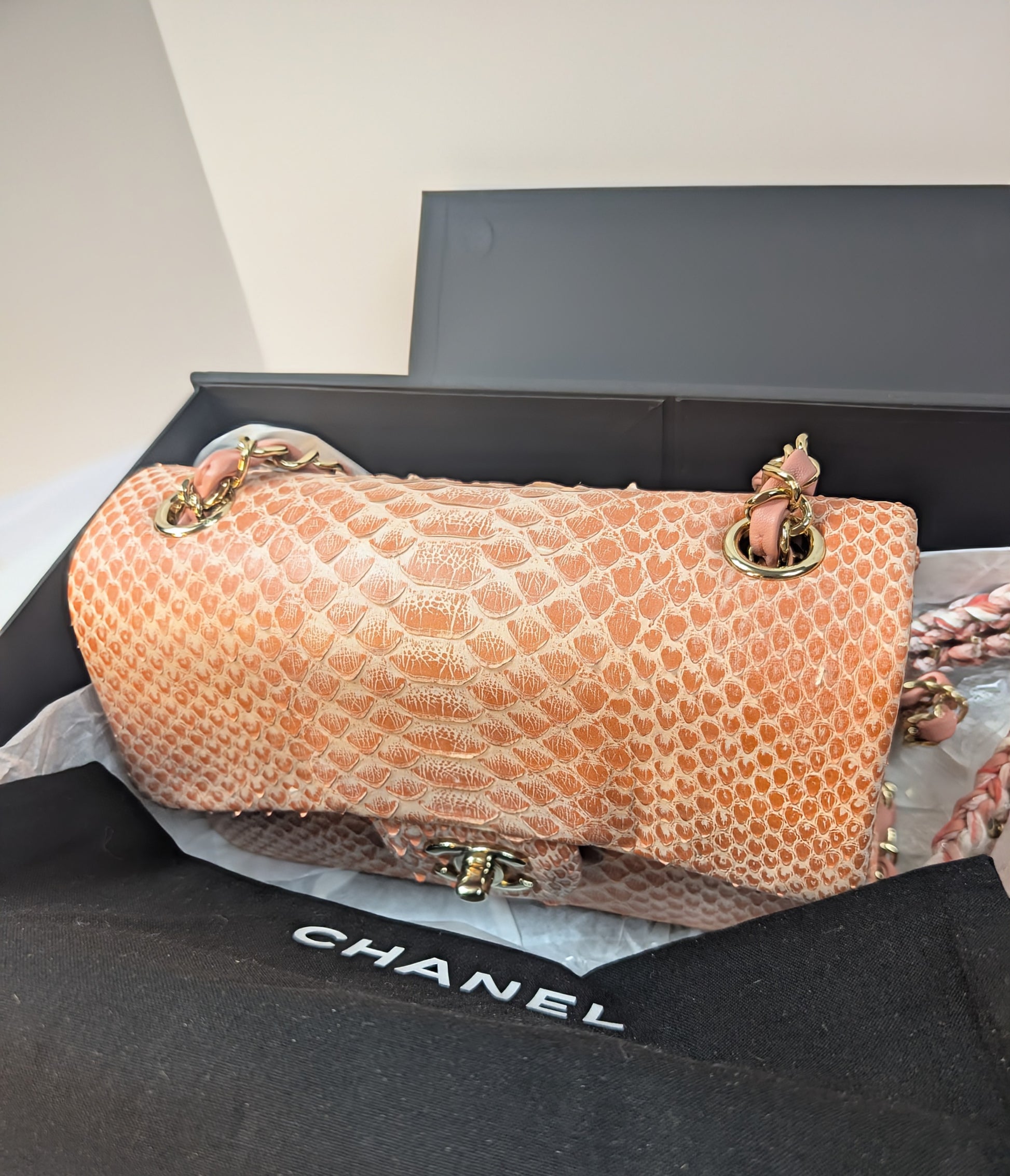 Chanel Rare Salmon Pink Mini Rectangular Classic Flap Bag in Python Leather