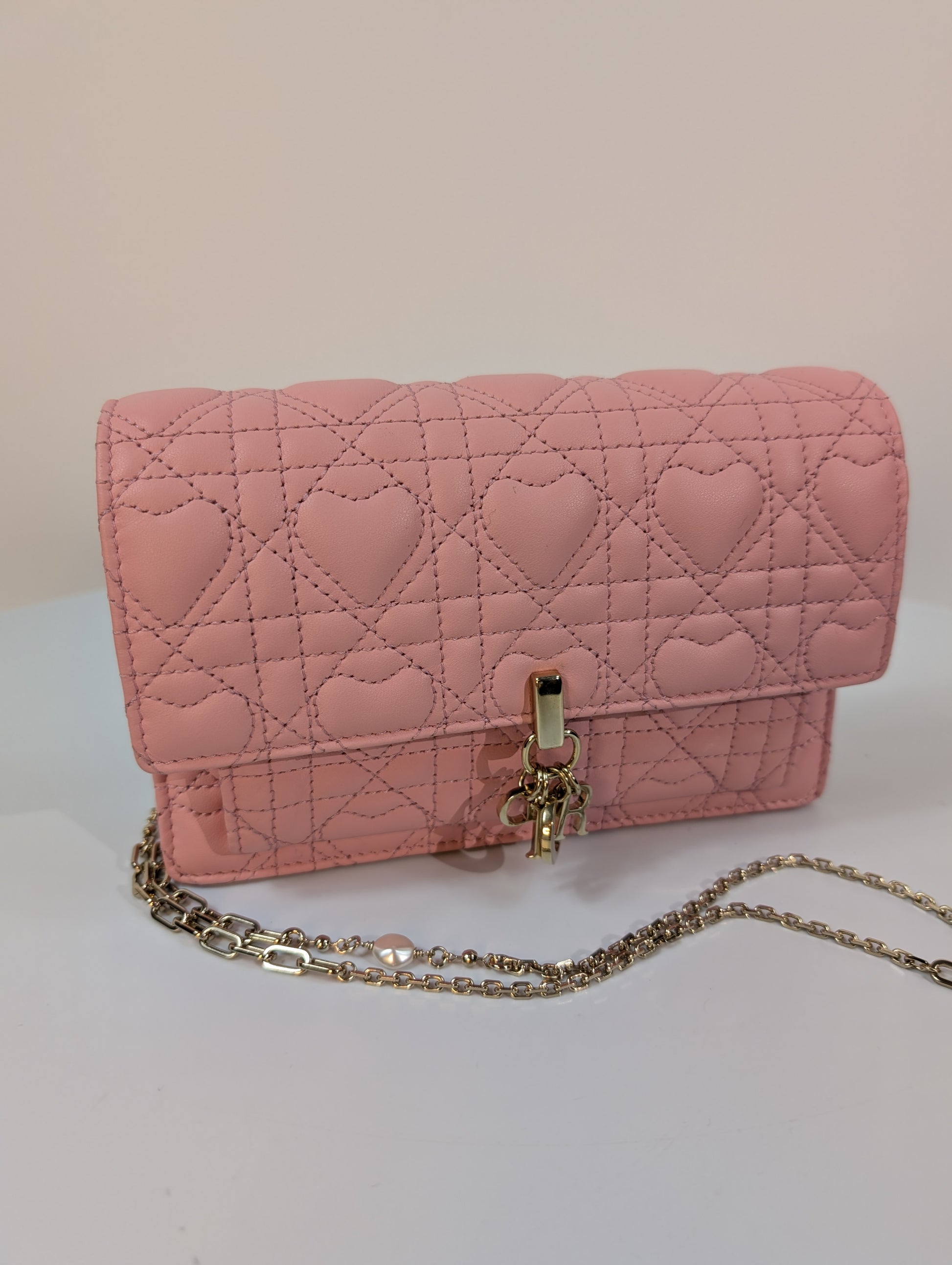 Dior Diorama Pink Heart Quilted Lambskin Wallet on Chain (WOC)