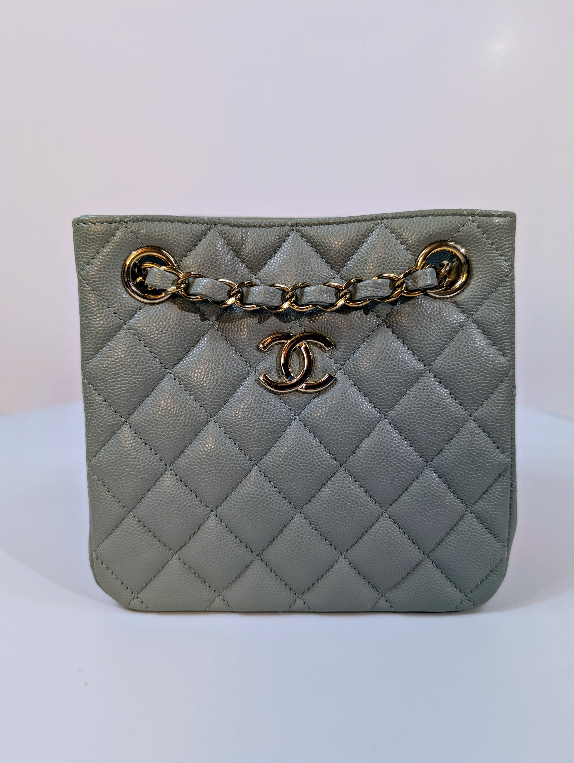 Chanel Rare Light Grey Quilted Caviar Leather Small Bucket Drawstring Bag