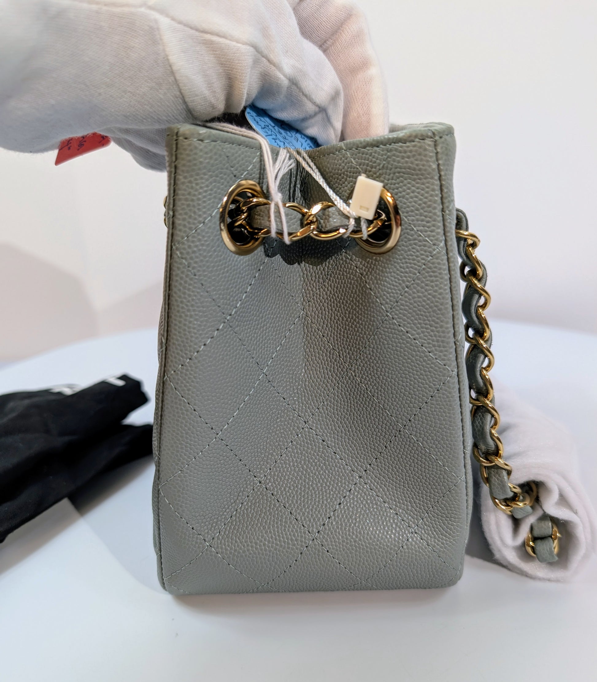 Chanel Rare Light Grey Quilted Caviar Leather Small Bucket Drawstring Bag
