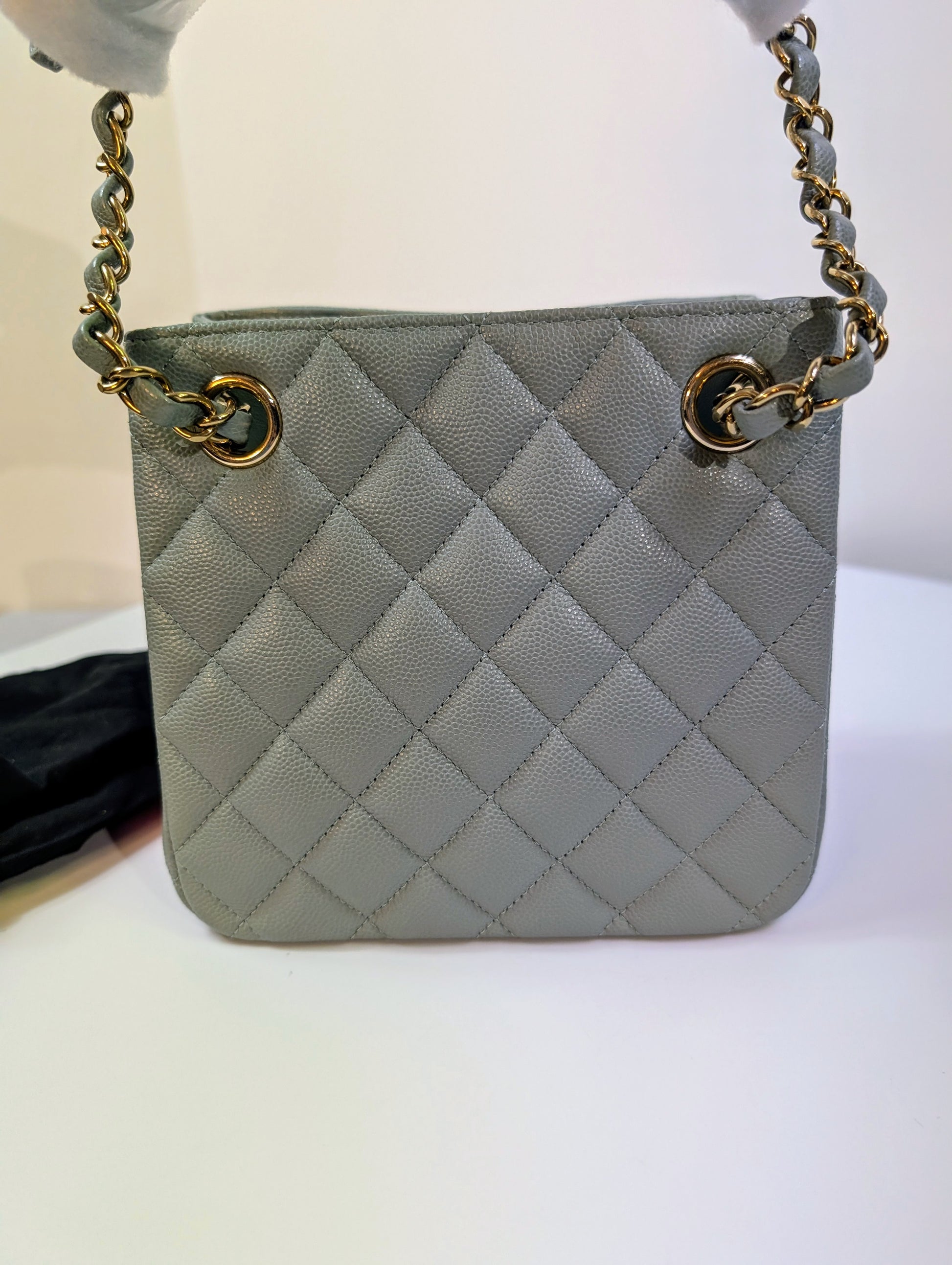 Chanel Rare Light Grey Quilted Caviar Leather Small Bucket Drawstring Bag
