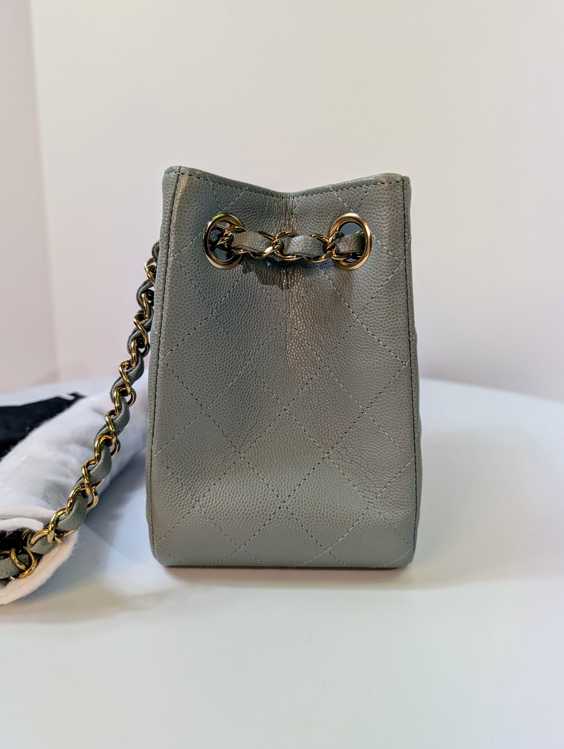 Chanel Rare Light Grey Quilted Caviar Leather Small Bucket Drawstring Bag