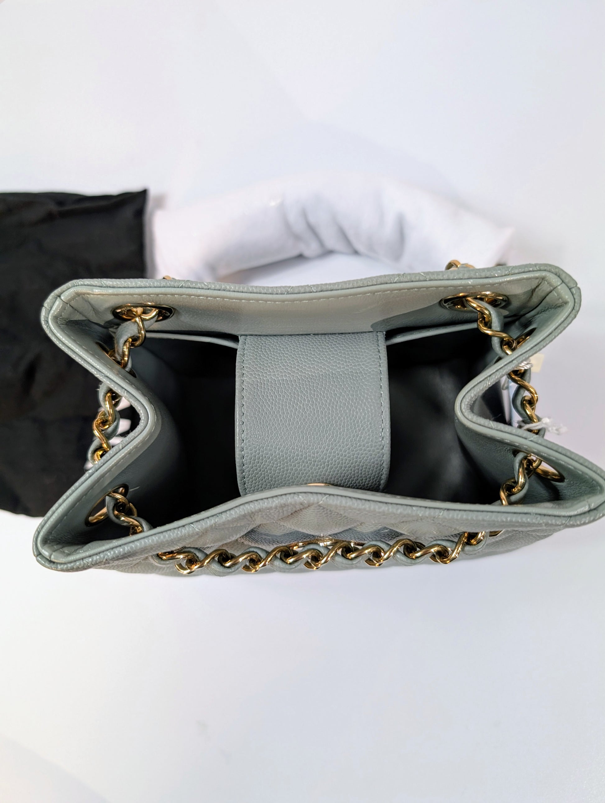 Chanel Rare Light Grey Quilted Caviar Leather Small Bucket Drawstring Bag