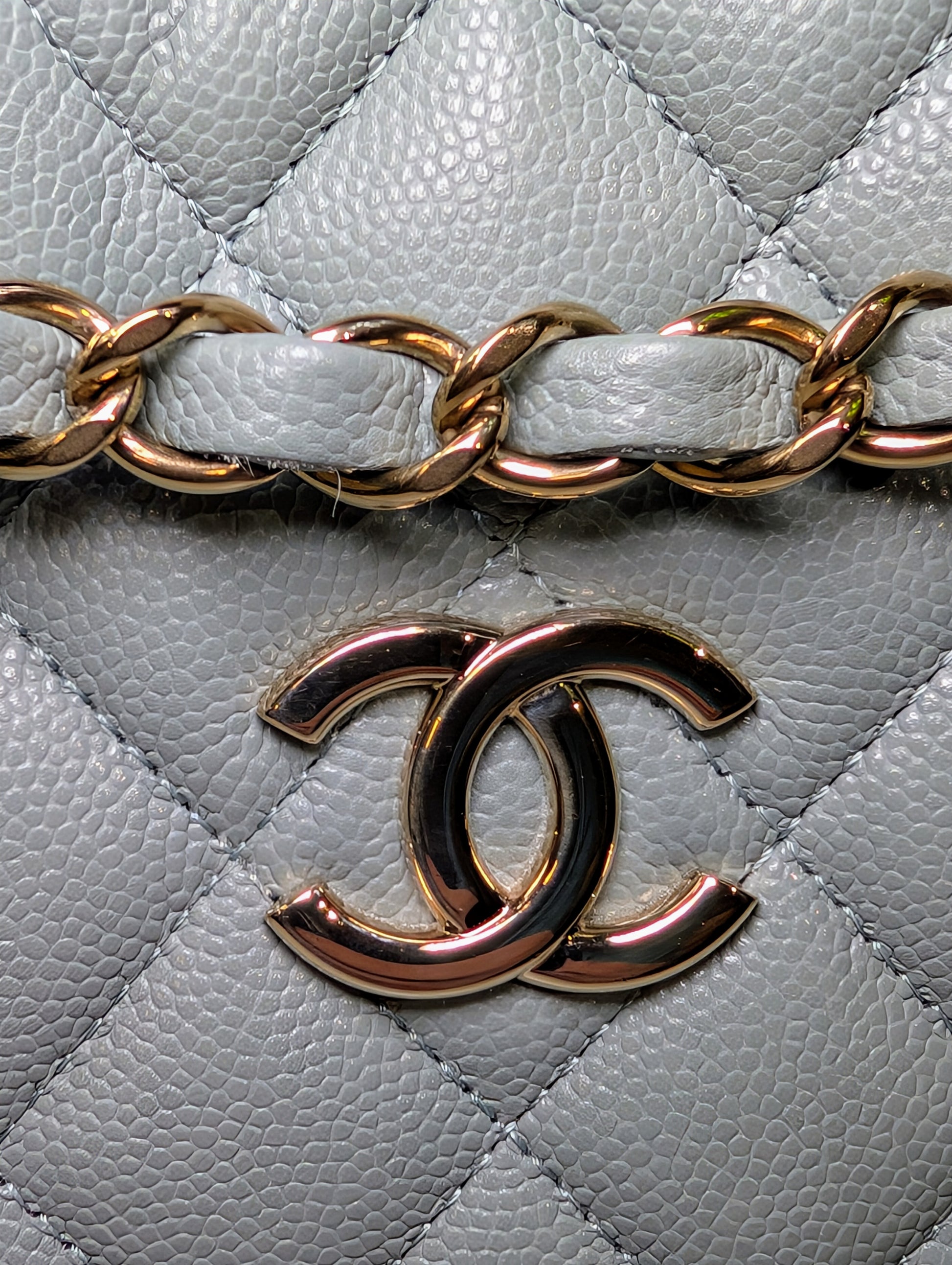 Chanel Rare Light Grey Quilted Caviar Leather Small Bucket Drawstring Bag