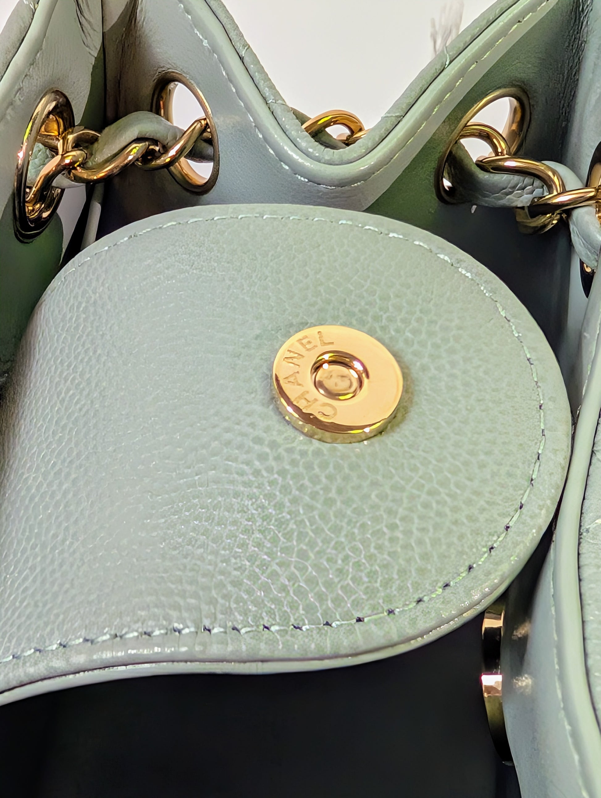 Chanel Rare Light Grey Quilted Caviar Leather Small Bucket Drawstring Bag