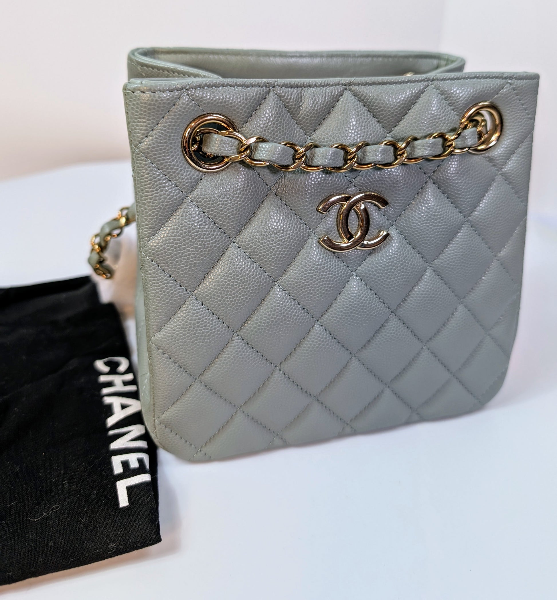 Chanel Rare Light Grey Quilted Caviar Leather Small Bucket Drawstring Bag