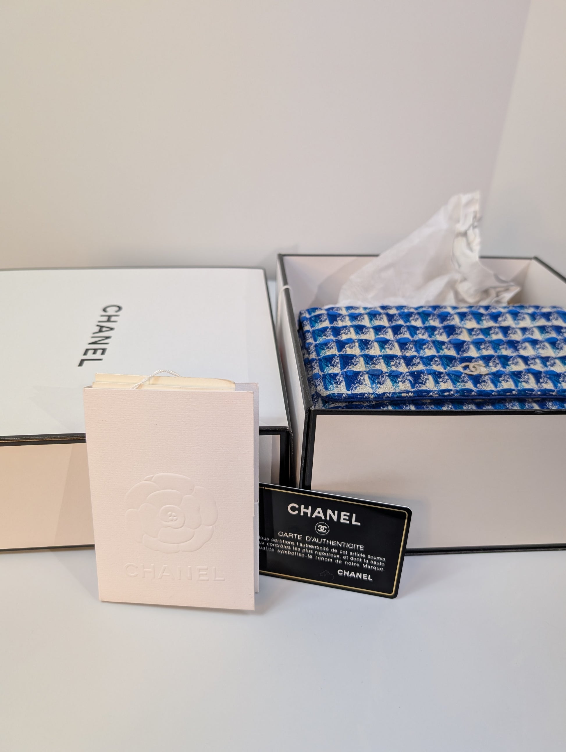 Chanel Blue and White Tweed Wallet on Chain (WOC) with "Lifebuoy" Charm