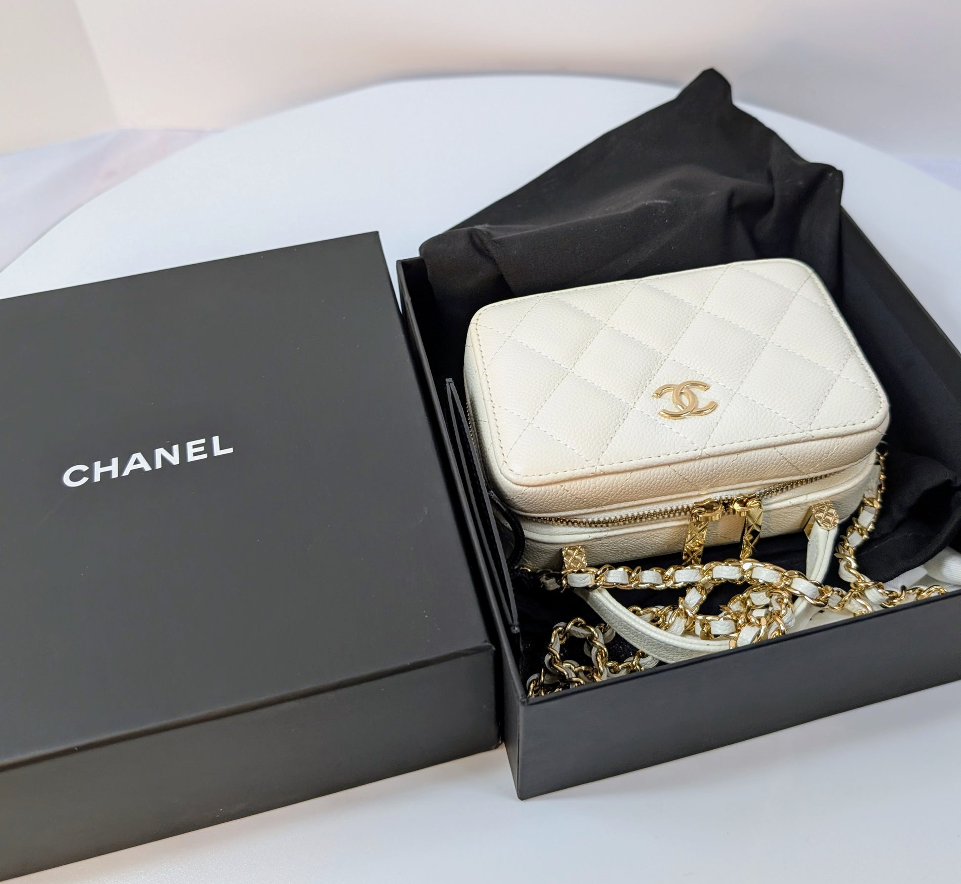 Chanel White Caviar Leather Mini Top Handle Vanity Case