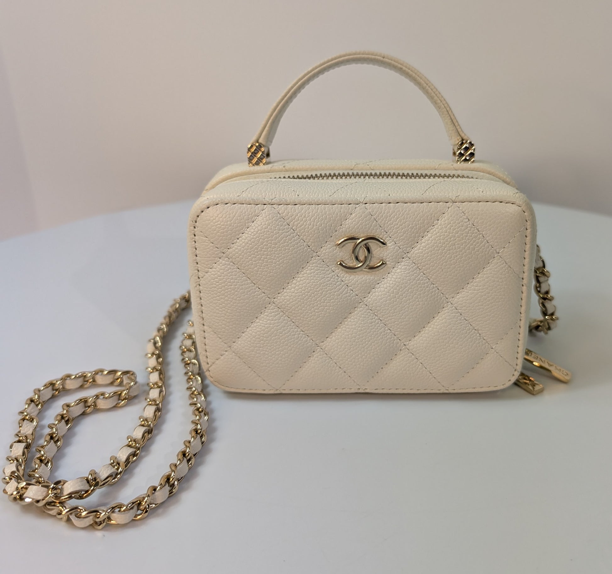 Chanel White Caviar Leather Mini Top Handle Vanity Case