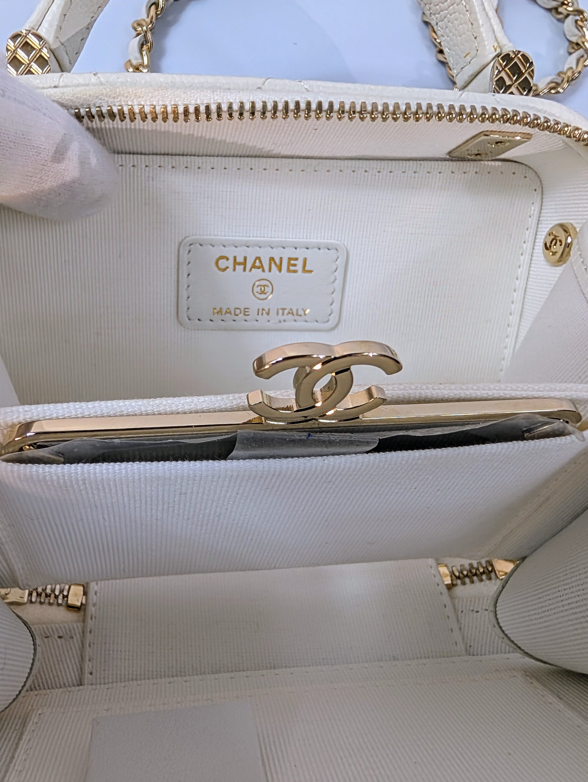 Chanel White Caviar Leather Mini Top Handle Vanity Case
