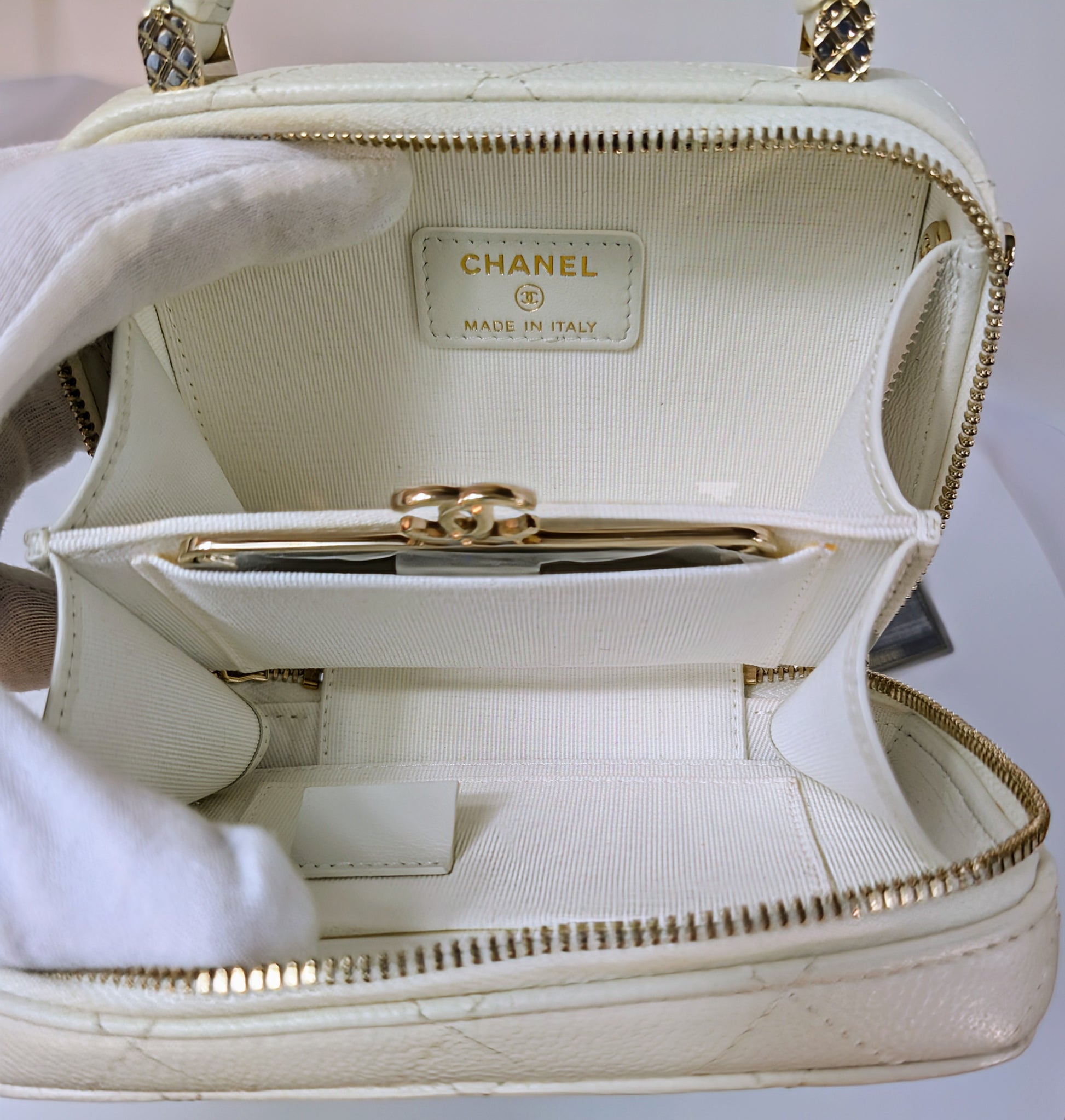 Chanel White Caviar Leather Mini Top Handle Vanity Case