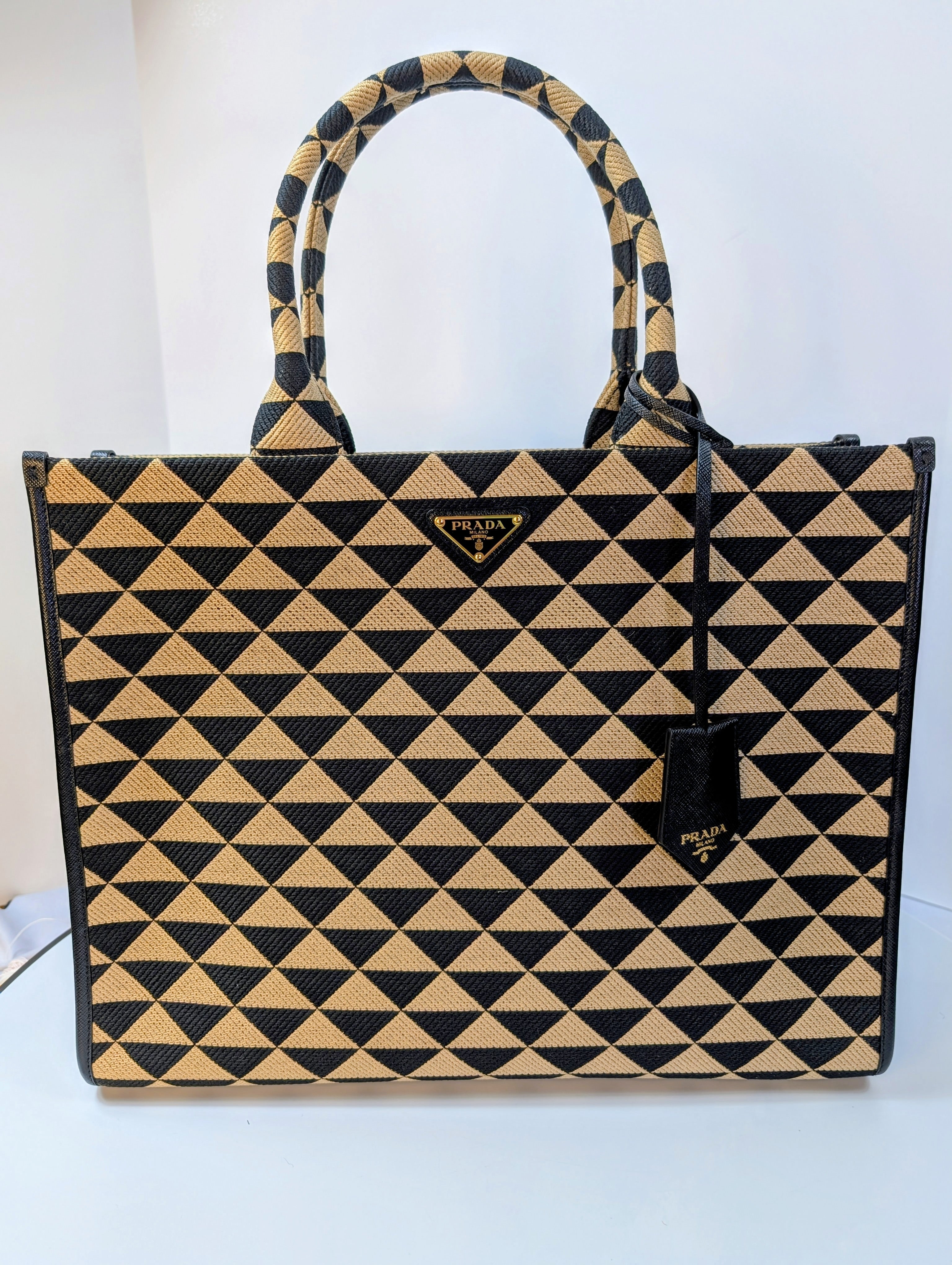 Prada Large Beige and Black Triangle Pattern Jacquard Tote Bag with Saffiano Leather Trim