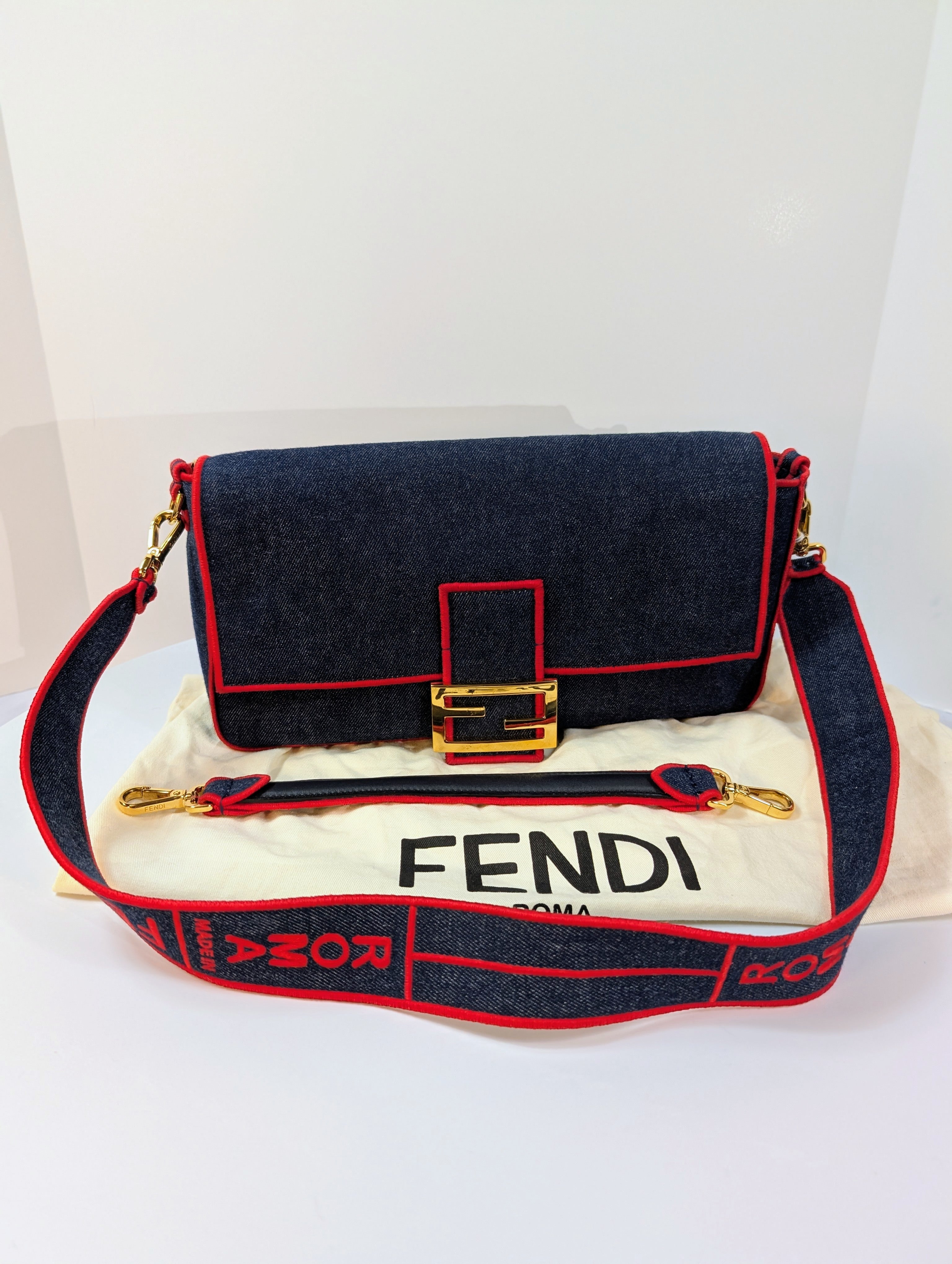 Fendi Blue Denim and Red Trim Baguette Bag with Two Straps
