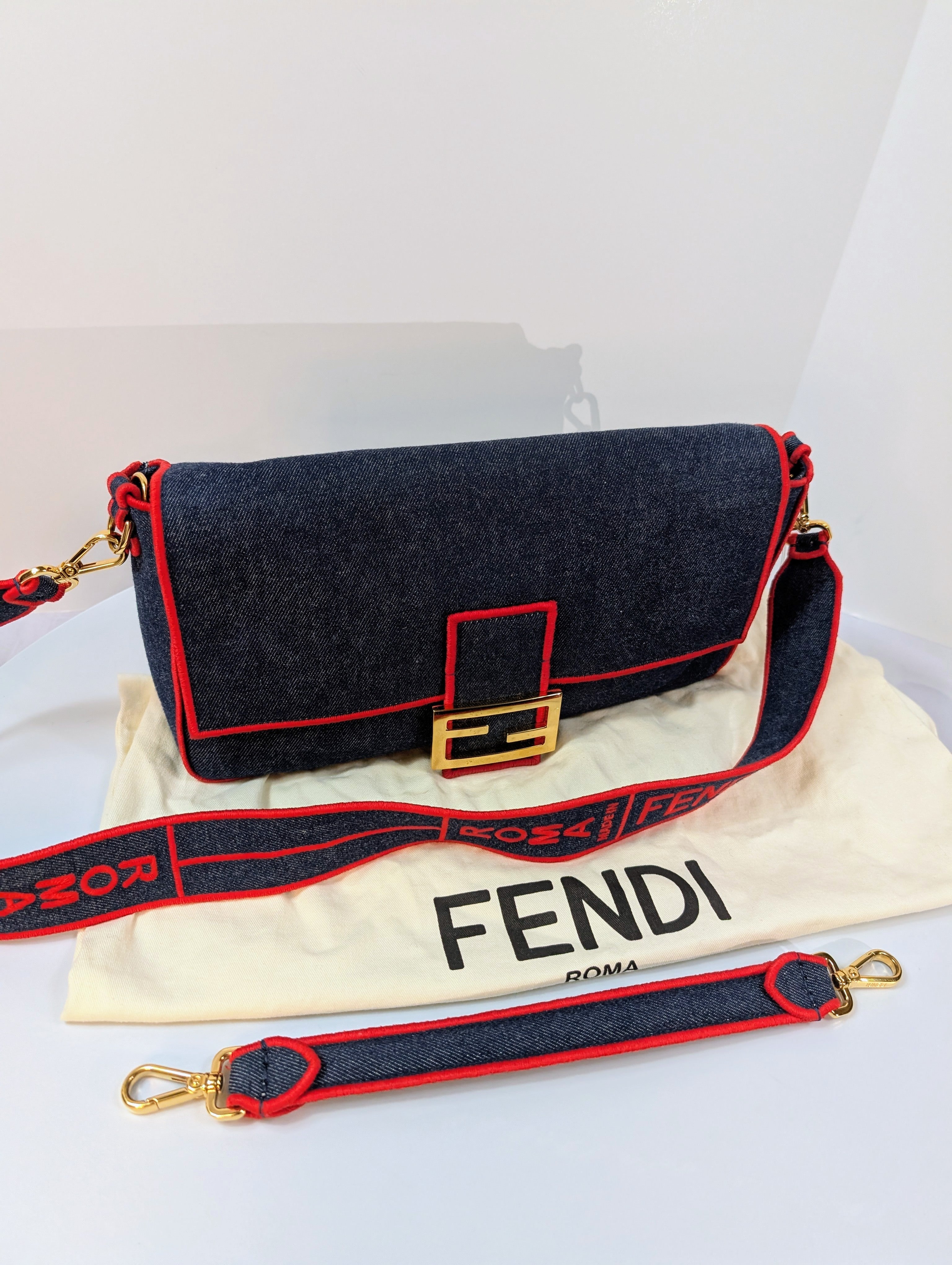 Fendi Blue Denim and Red Trim Baguette Bag with Two Straps