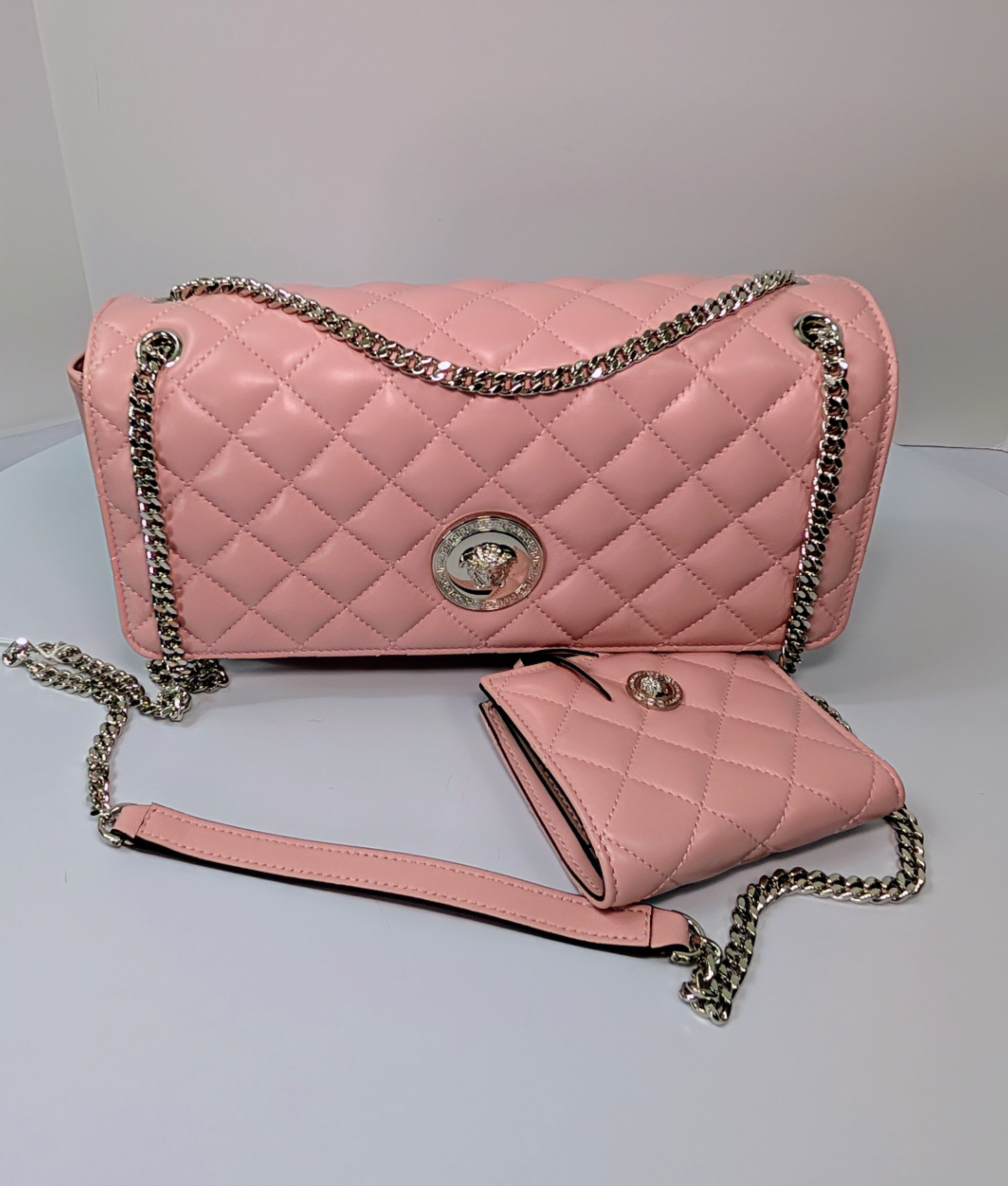 Versace Light Pink Medusa Quilted Lambskin Shoulder Bag and Matching Wallet