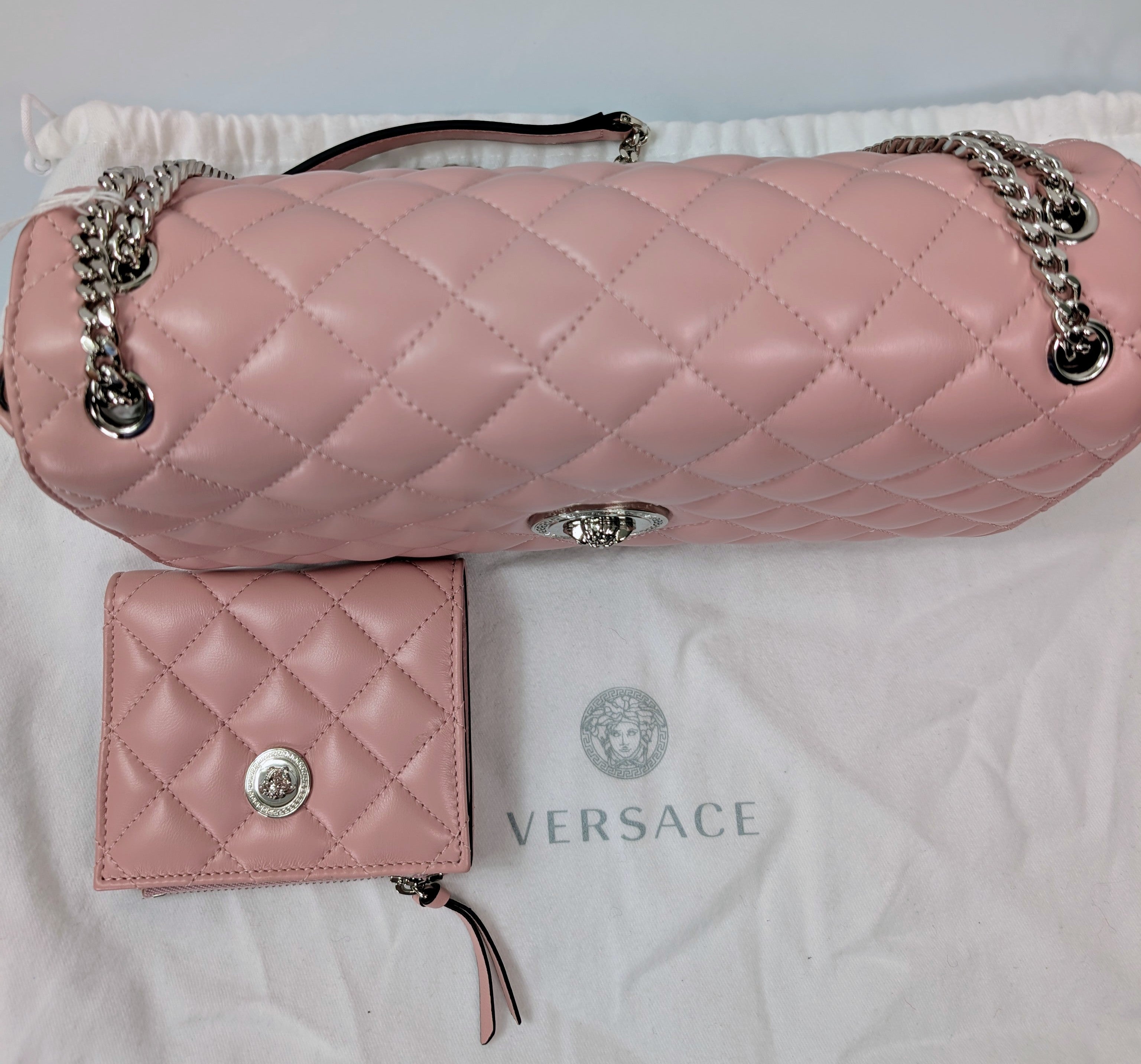 Versace Light Pink Medusa Quilted Lambskin Shoulder Bag and Matching Wallet