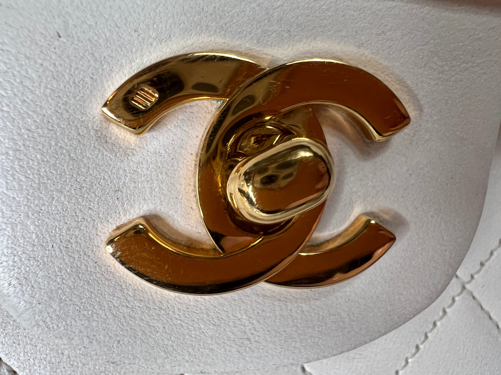 Chanel Rare Vintage White Medium Quilted Lambskin Classic Double Flap Bag with 24k Gold Hardware Series 1 (1989-1991)
