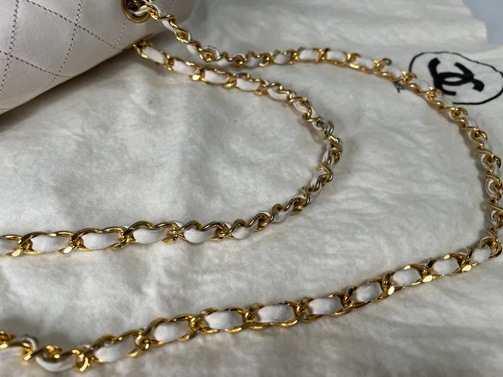 Chanel Rare Vintage White Medium Quilted Lambskin Classic Double Flap Bag with 24k Gold Hardware Series 1 (1989-1991)