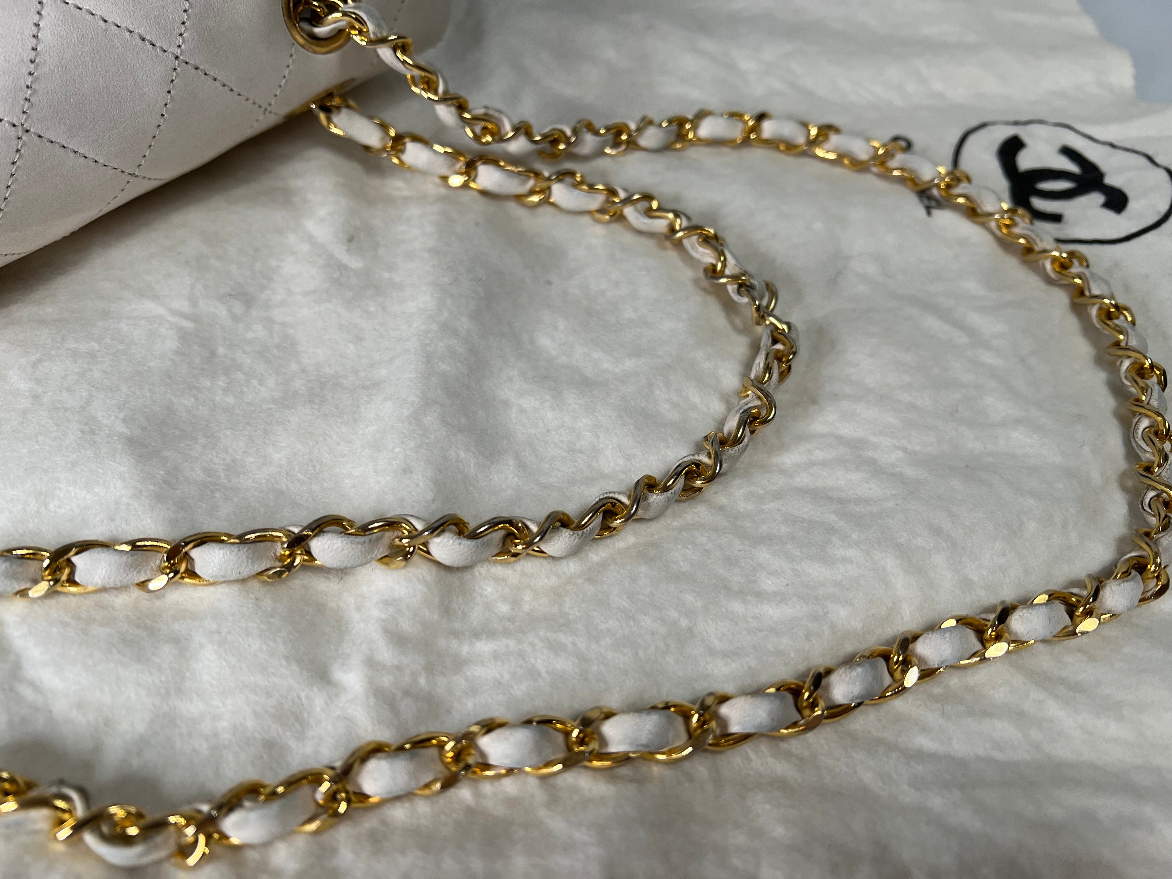 Chanel Rare Vintage White Medium Quilted Lambskin Classic Double Flap Bag with 24k Gold Hardware Series 1 (1989-1991)