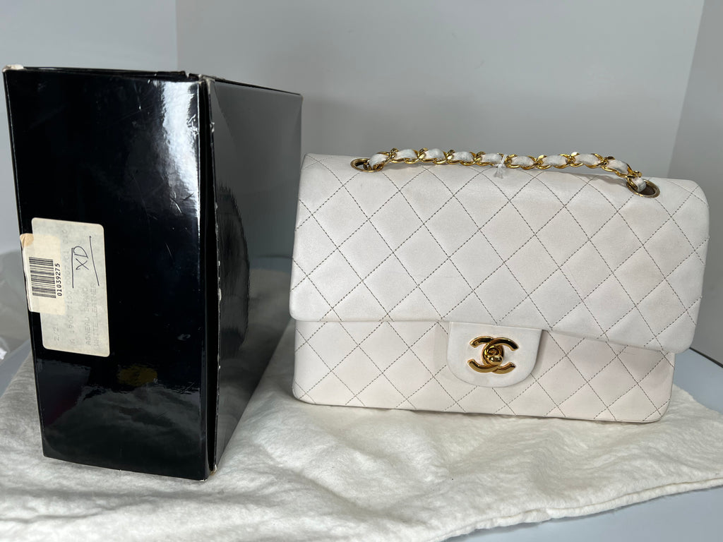 Chanel Rare Vintage White Medium Quilted Lambskin Classic Double Flap Bag with 24k Gold Hardware Series 1 (1989-1991)