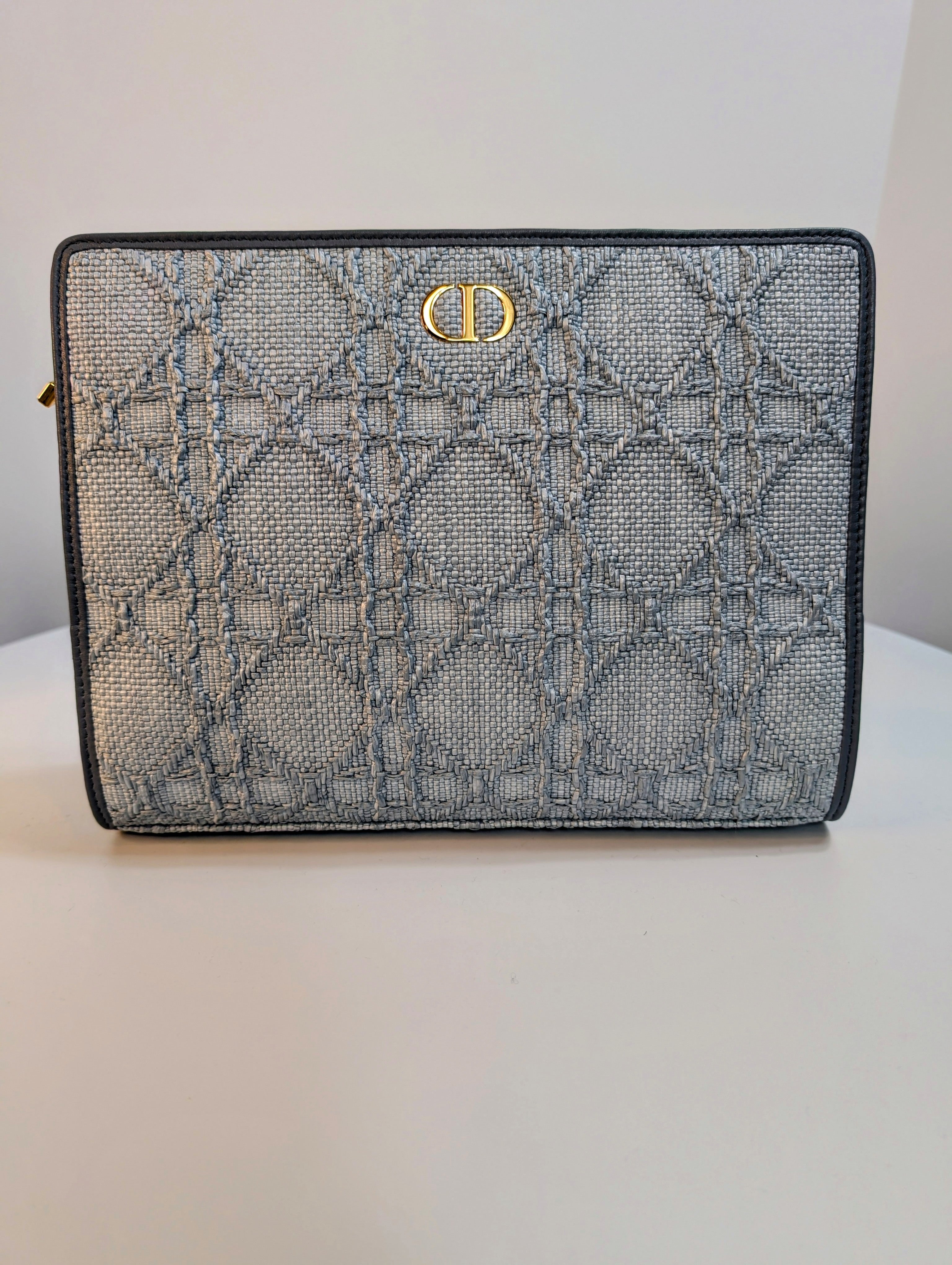 Christian Dior Raffia Cannage Caro Zipped Wristlet