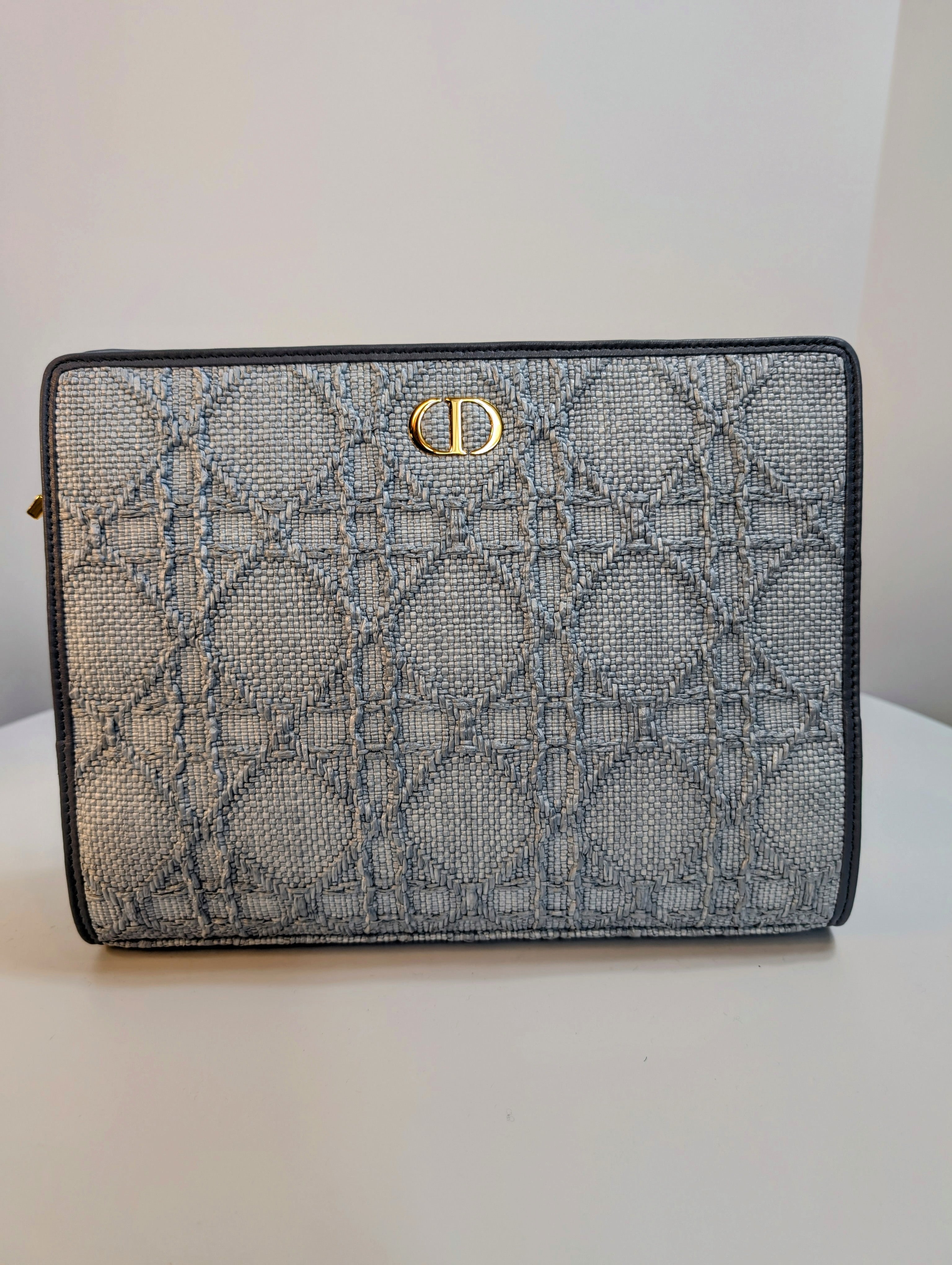 Christian Dior Raffia Cannage Caro Zipped Wristlet