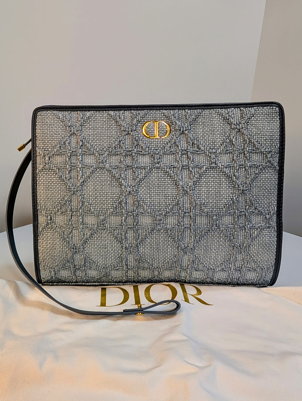 Christian Dior Raffia Cannage Caro Zipped Wristlet