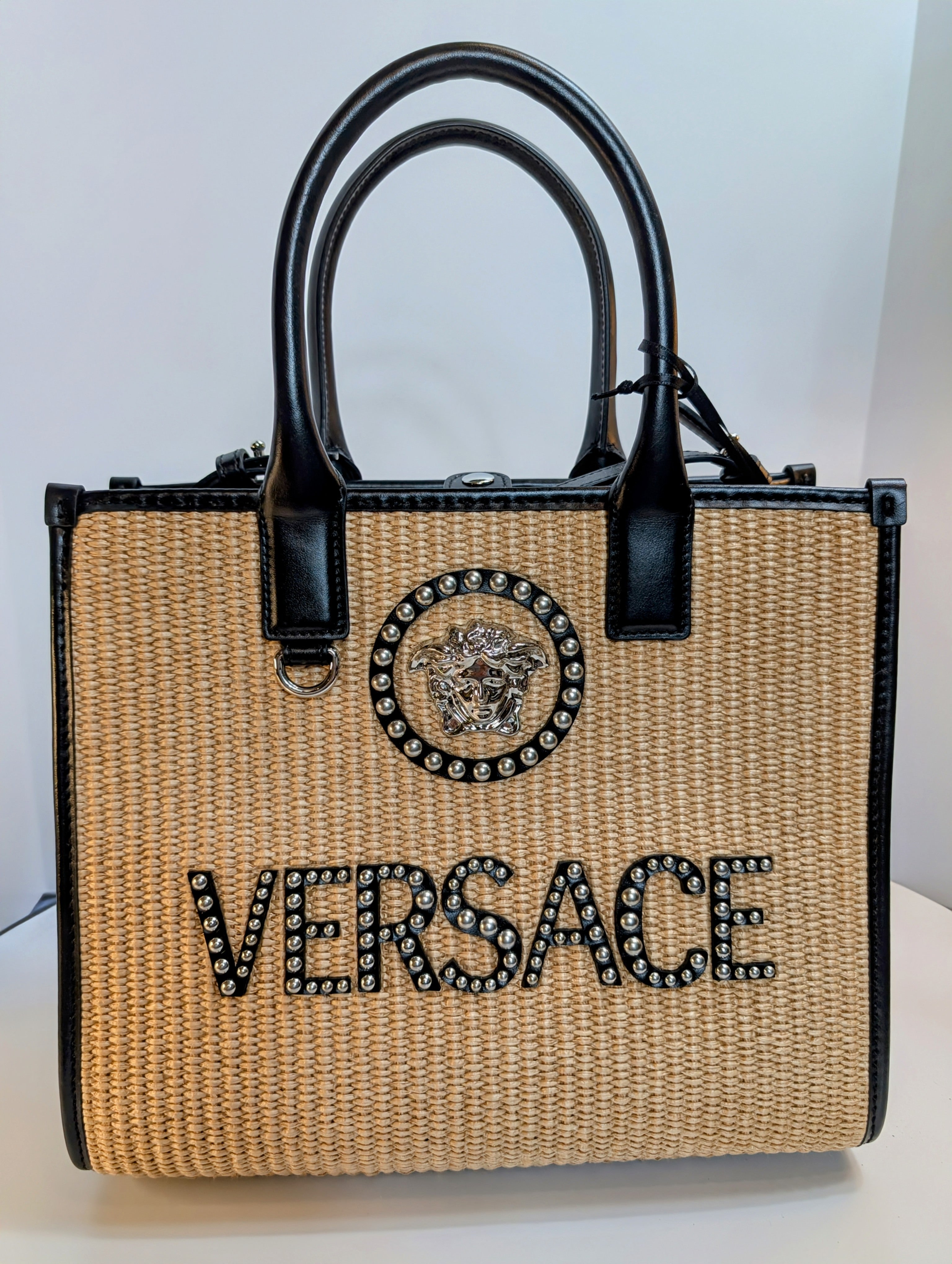 Versace La Medusa Raffia Straw Tote with Silver Studded Logo