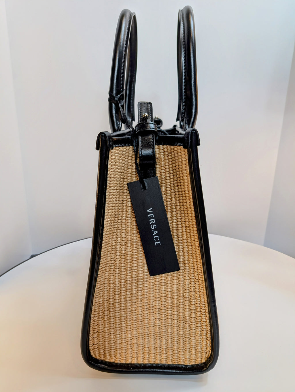 Versace La Medusa Raffia Straw Tote with Silver Studded Logo