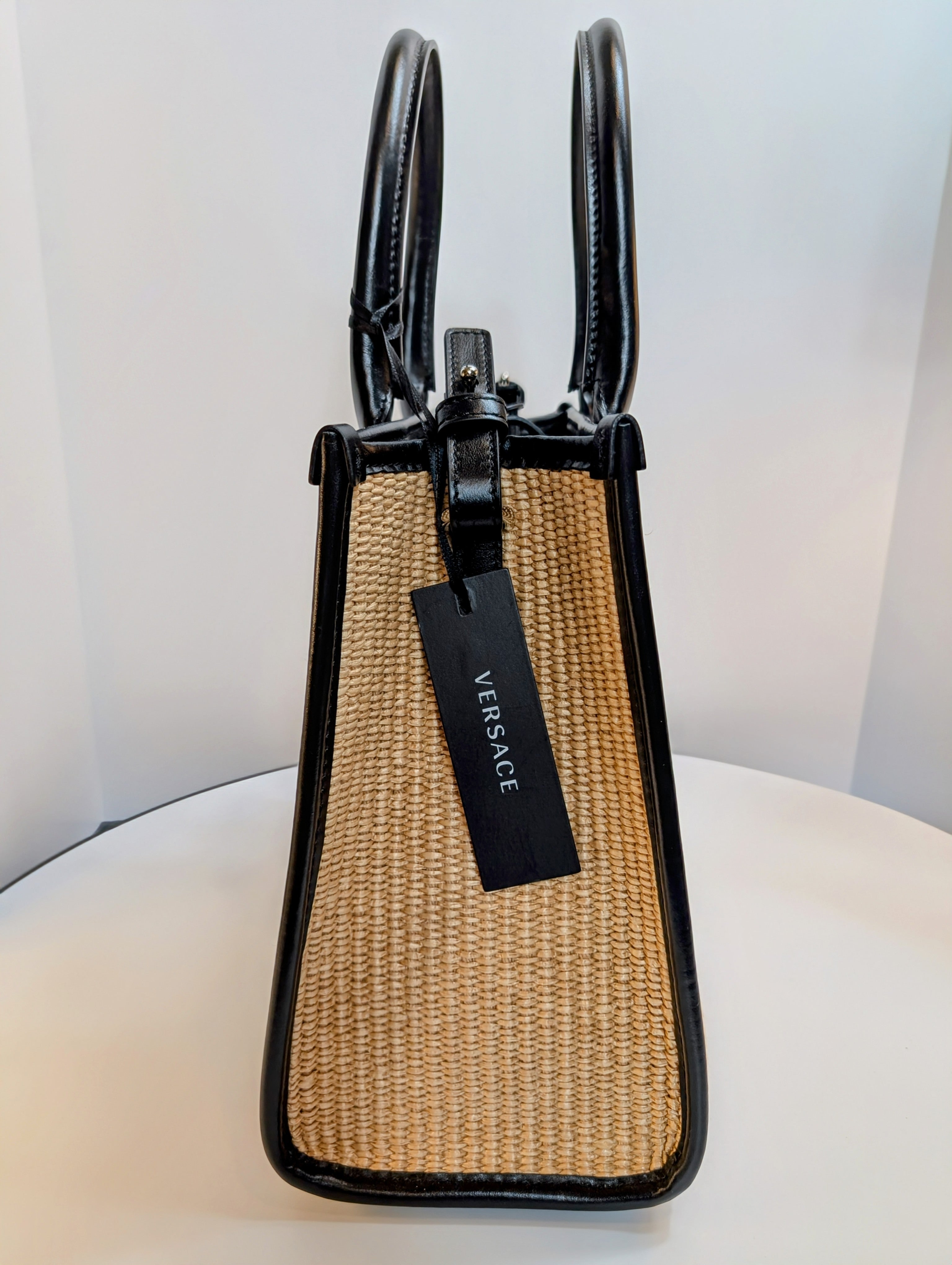 Versace La Medusa Raffia Straw Tote with Silver Studded Logo
