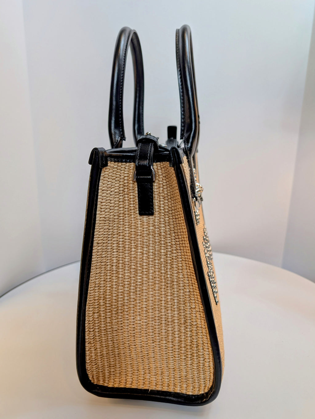 Versace La Medusa Raffia Straw Tote with Silver Studded Logo