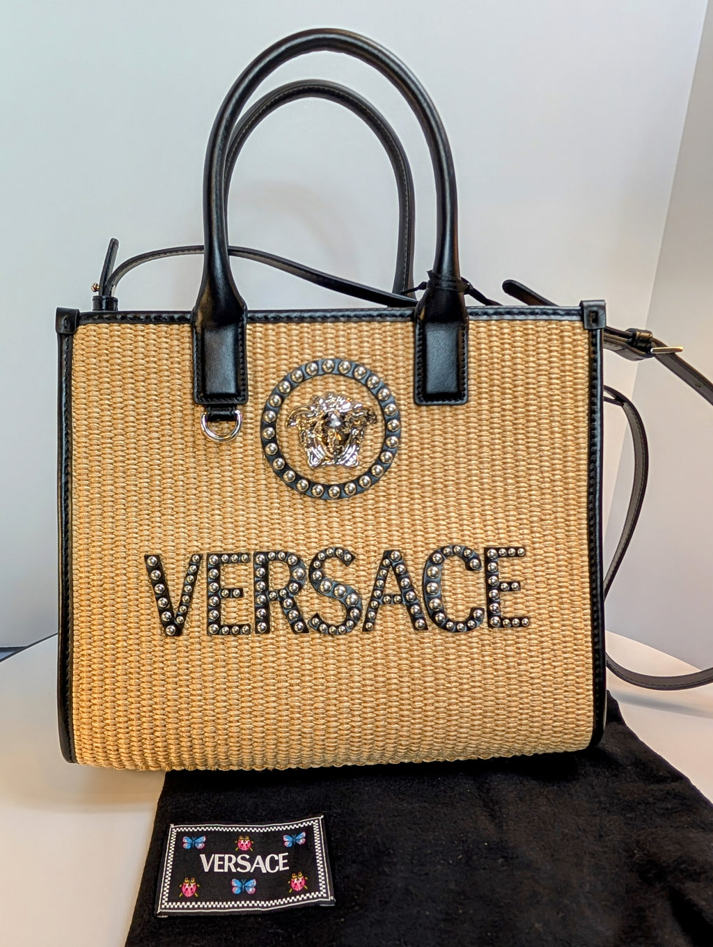 Versace La Medusa Raffia Straw Tote with Silver Studded Logo