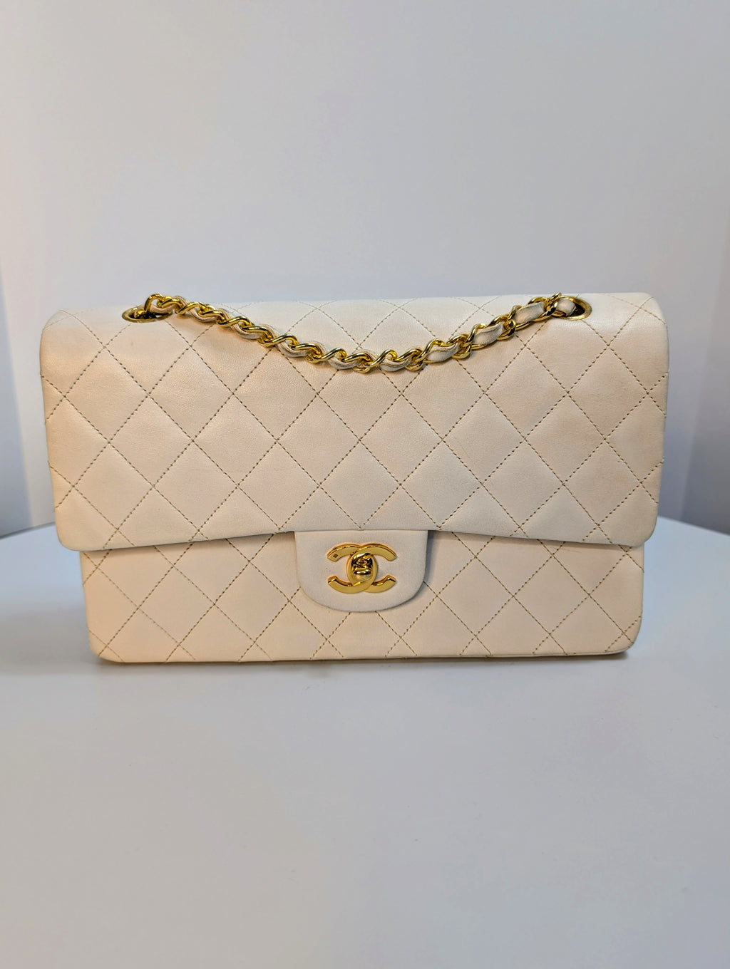Chanel Rare Vintage White Medium Quilted Lambskin Classic Double Flap Bag with 24k Gold Hardware Series 1 (1989-1991)